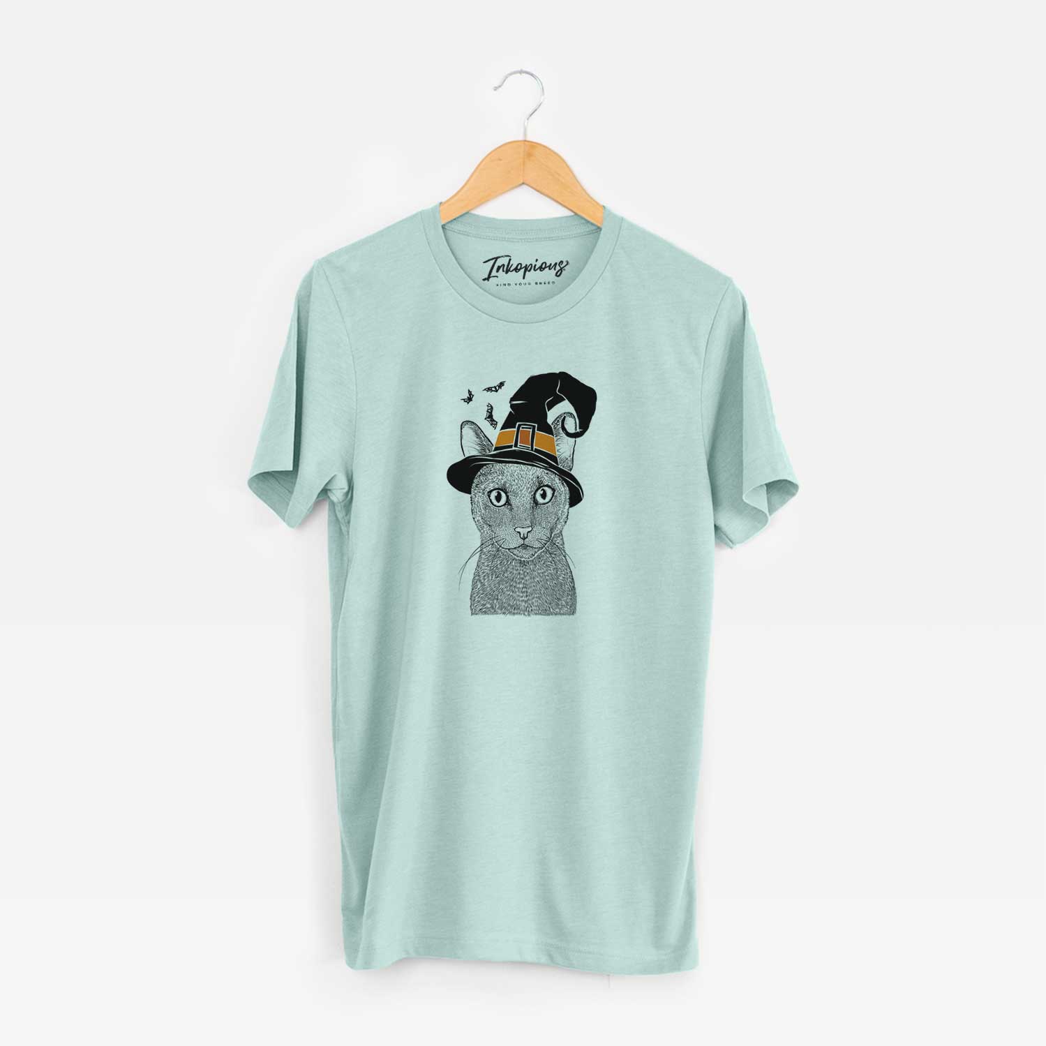 Hand-drawn sketch of Stanley the Russian Blue Cat wearing a witch hat on a Heather Sage Unisex crewneck