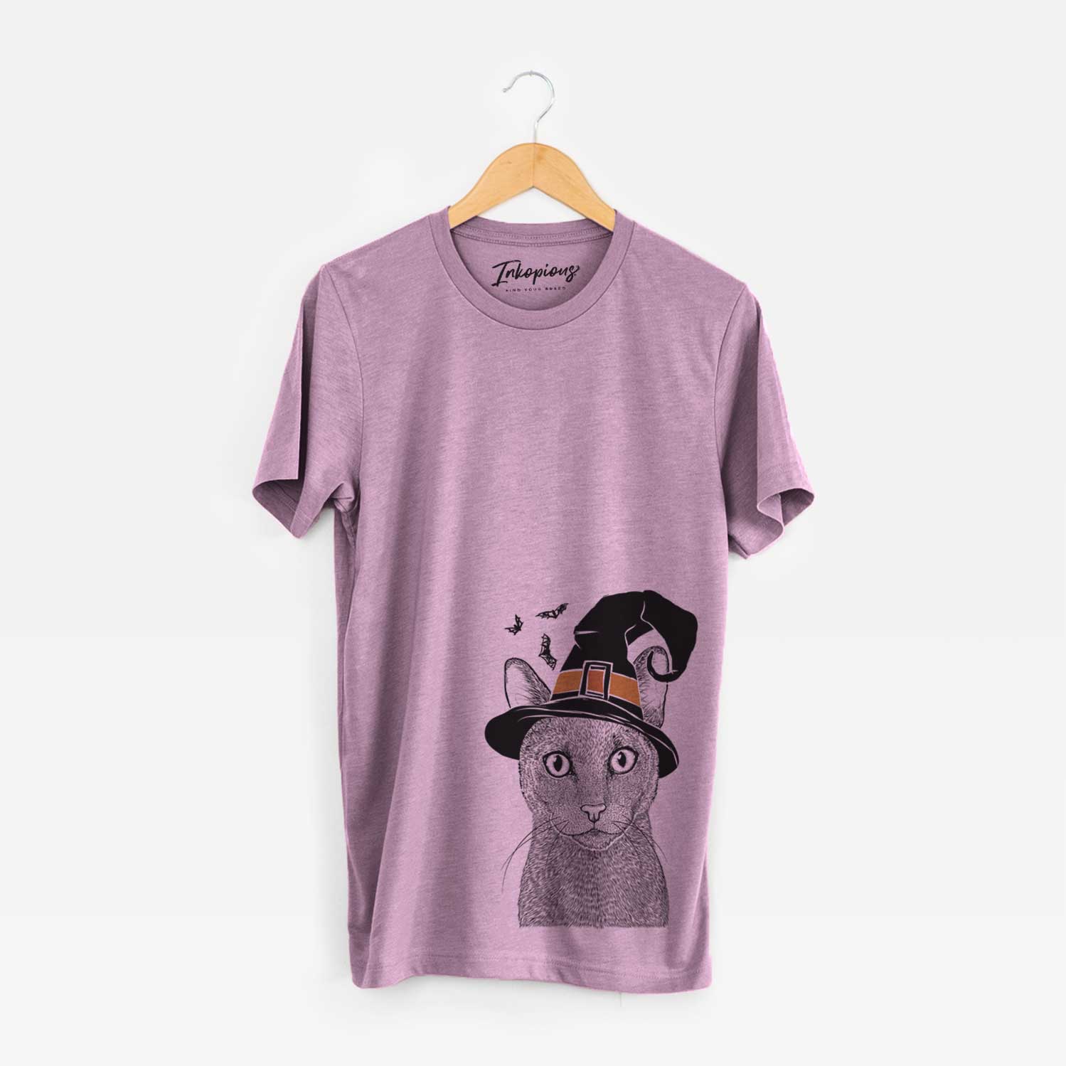 Hand-drawn sketch of Stanley the Russian Blue Cat wearing a witch hat on an Orchid Unisex crewneck