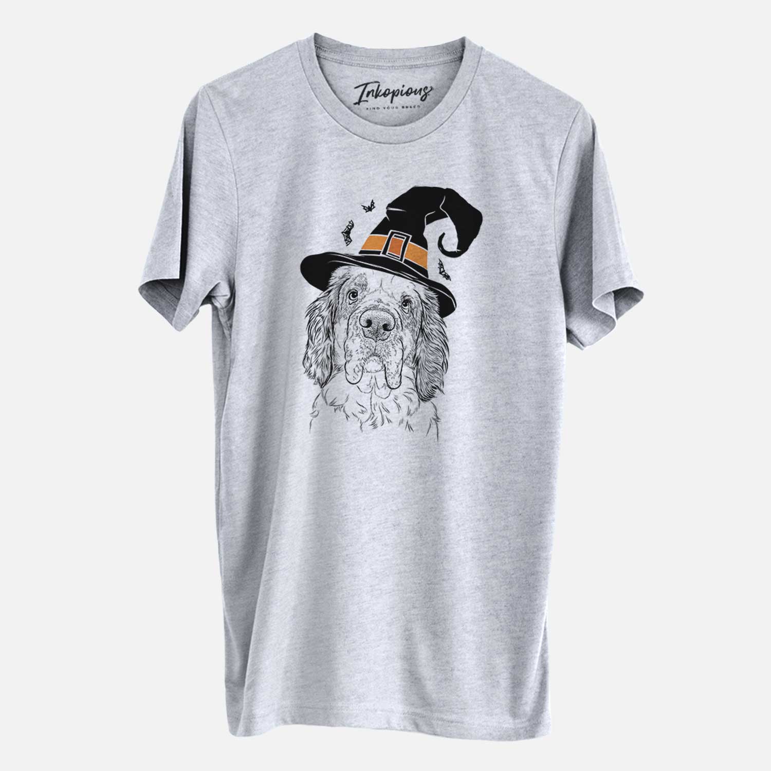 Hand-drawn sketch of Sully the Clumber Spaniel wearing a witch hat on a Grey Unisex crewneck
