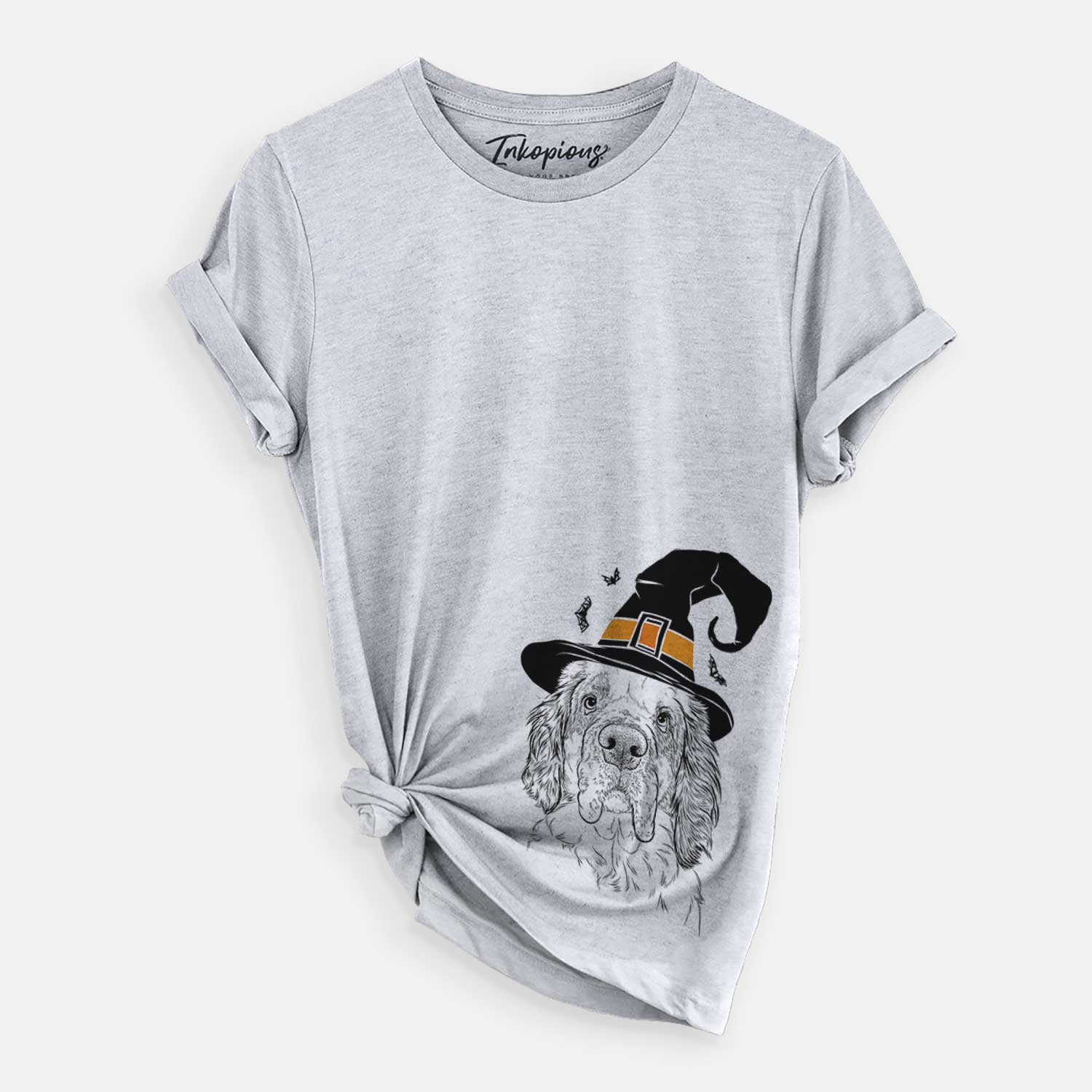 Hand-drawn sketch of Sully the Clumber Spaniel wearing a witch hat on a Grey Unisex crewneck