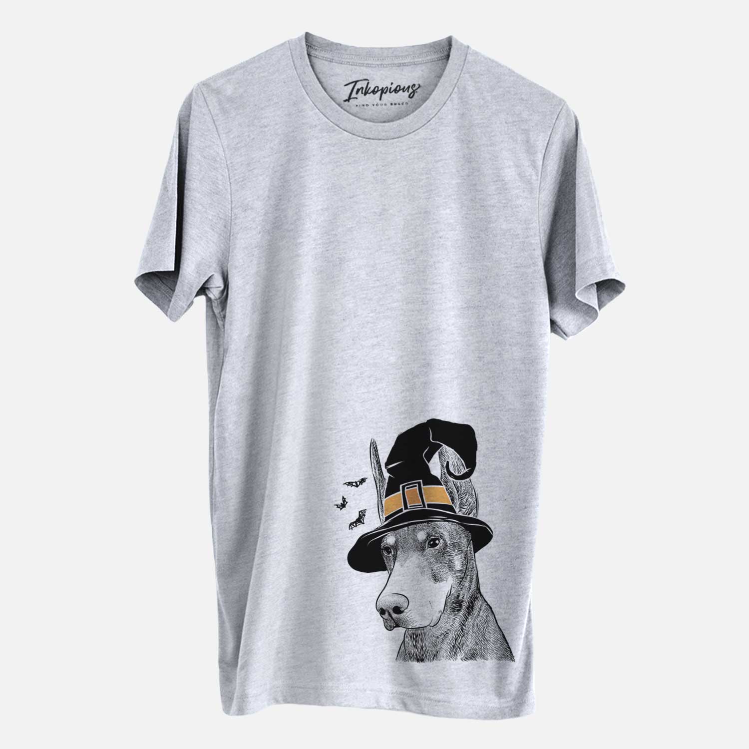 Hand-drawn sketch of Sunny the Doberman Pinscher wearing a witch hat on a Grey Unisex crewneck