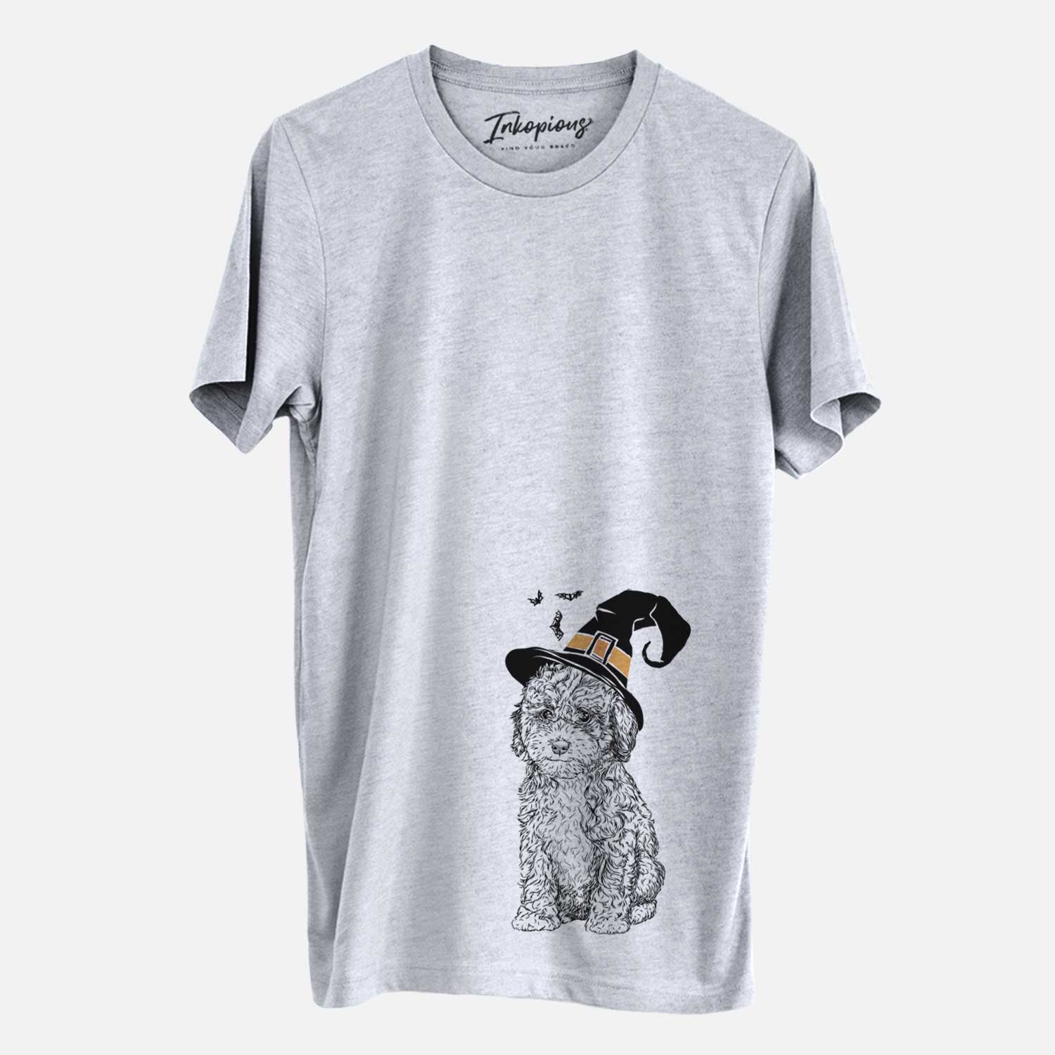 Hand-drawn sketch of Sweet Tea the Mini Doodle wearing a witch hat on a Grey Unisex crewneck