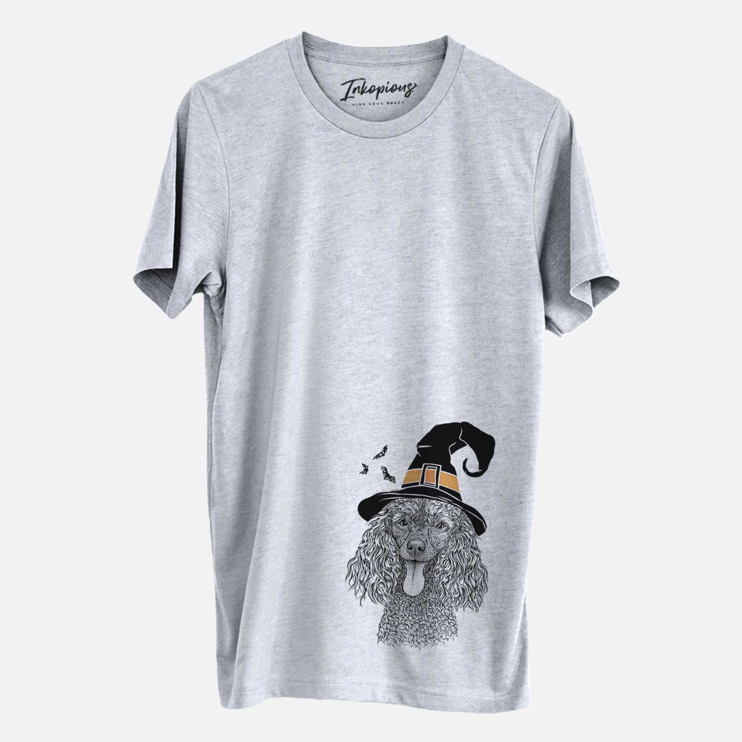 Hand-drawn sketch of Teddy the Mini Poodle wearing a witch hat on a Grey Unisex crewneck