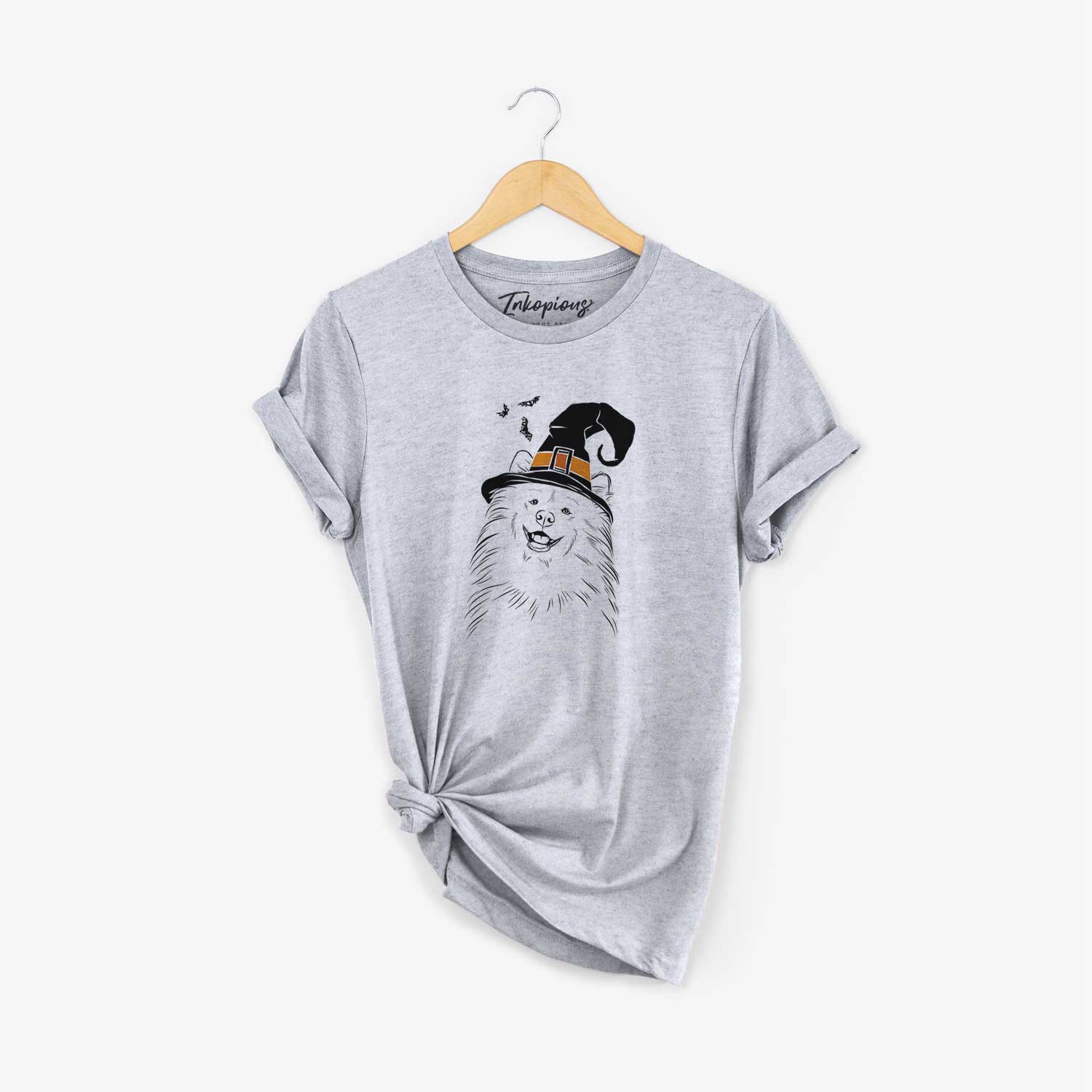 Hand-drawn sketch of Tillie the Samoyed wearing a witch hat on a Grey Unisex crewneck