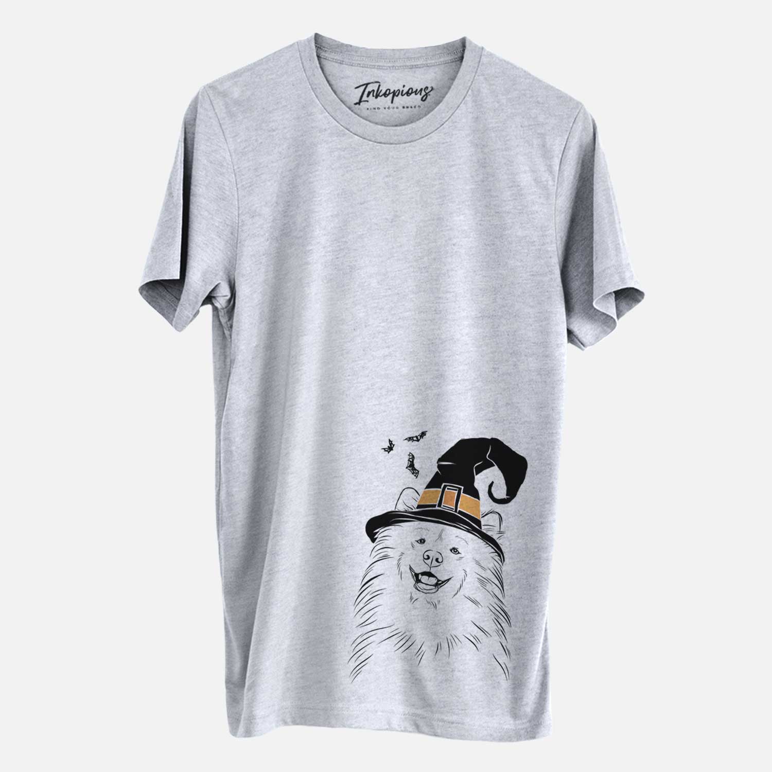 Hand-drawn sketch of Tillie the Samoyed wearing a witch hat on a Grey Unisex crewneck