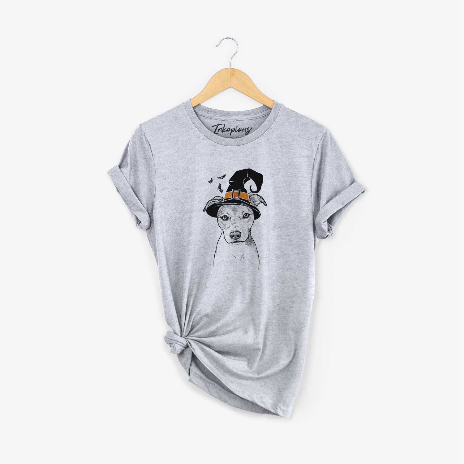 Hand-drawn sketch of Tula the American Staffordshire Terrier Heeler Mix wearing a witch hat on a Grey Unisex crewneck