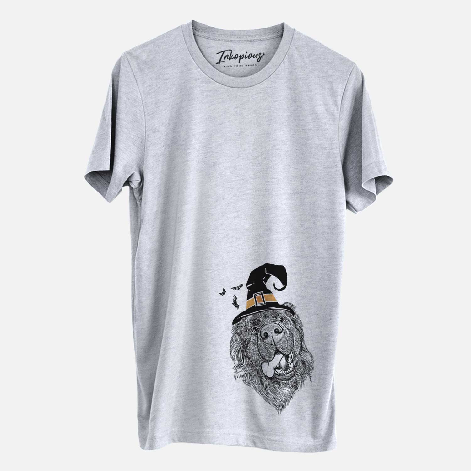 Hand-drawn sketch of Tuna the Newfoundland wearing a witch hat on a Grey Unisex crewneck