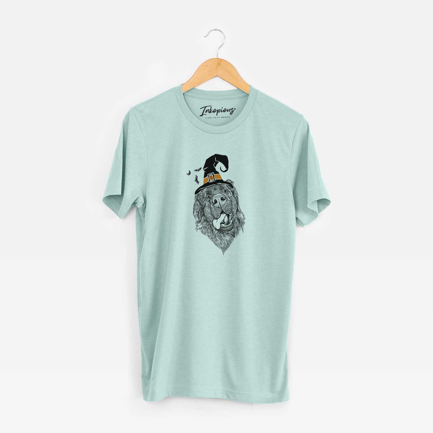 Hand-drawn sketch of Tuna the Newfoundland wearing a witch hat on a Heather Sage Unisex crewneck