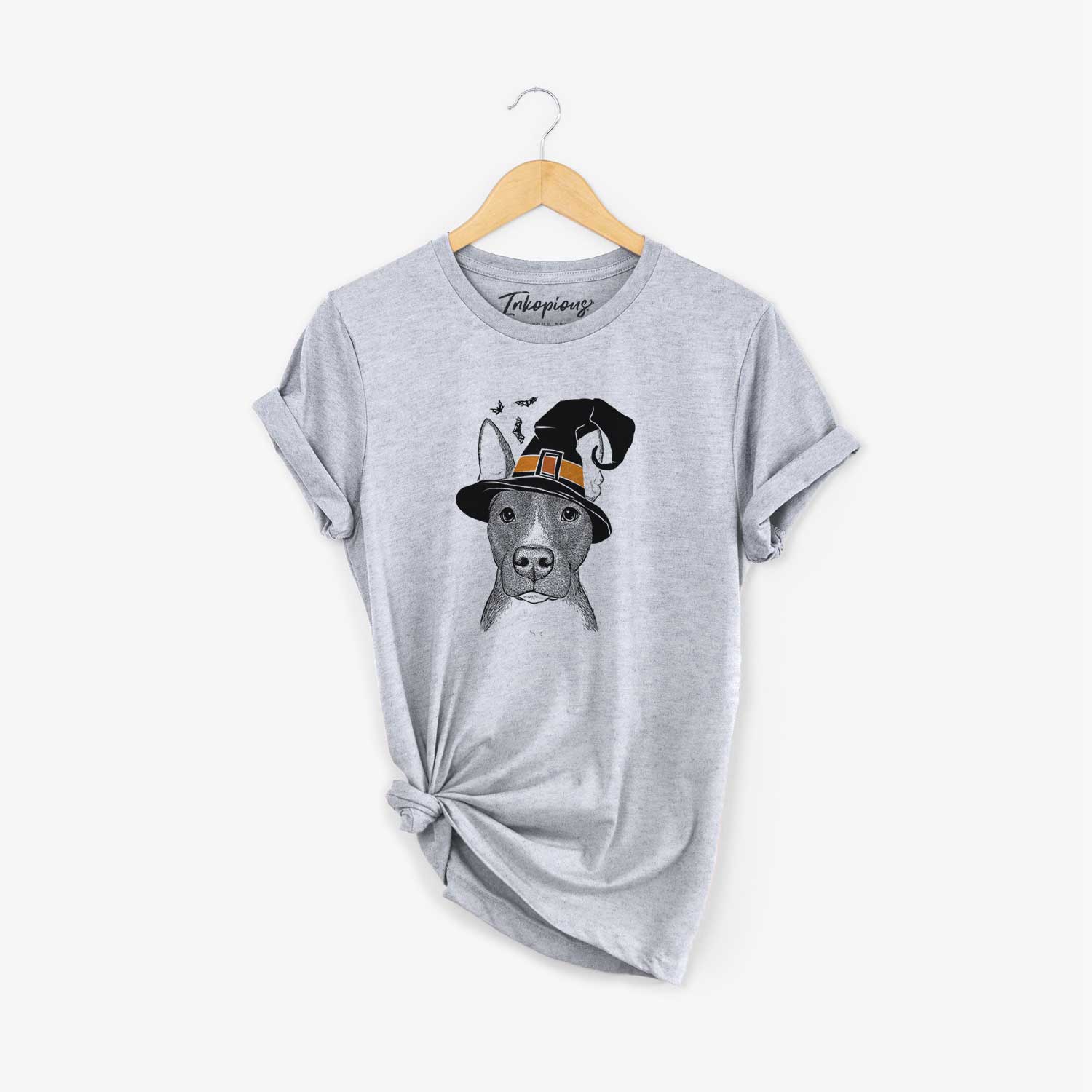 Hand-drawn sketch of Violet the Pitbull wearing a witch hat on a Grey Unisex crewneck