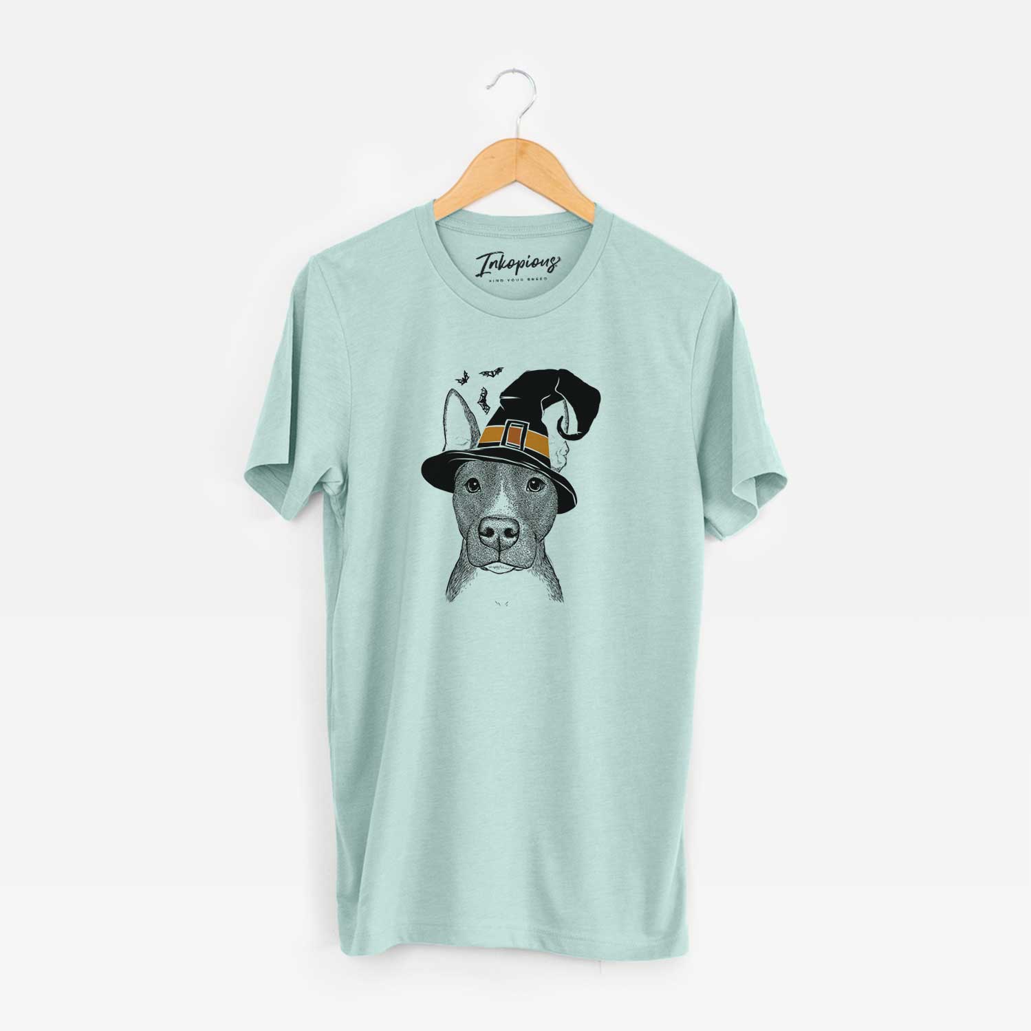 Hand-drawn sketch of Violet the Pitbull wearing a witch hat on a Heather Sage Unisex crewneck