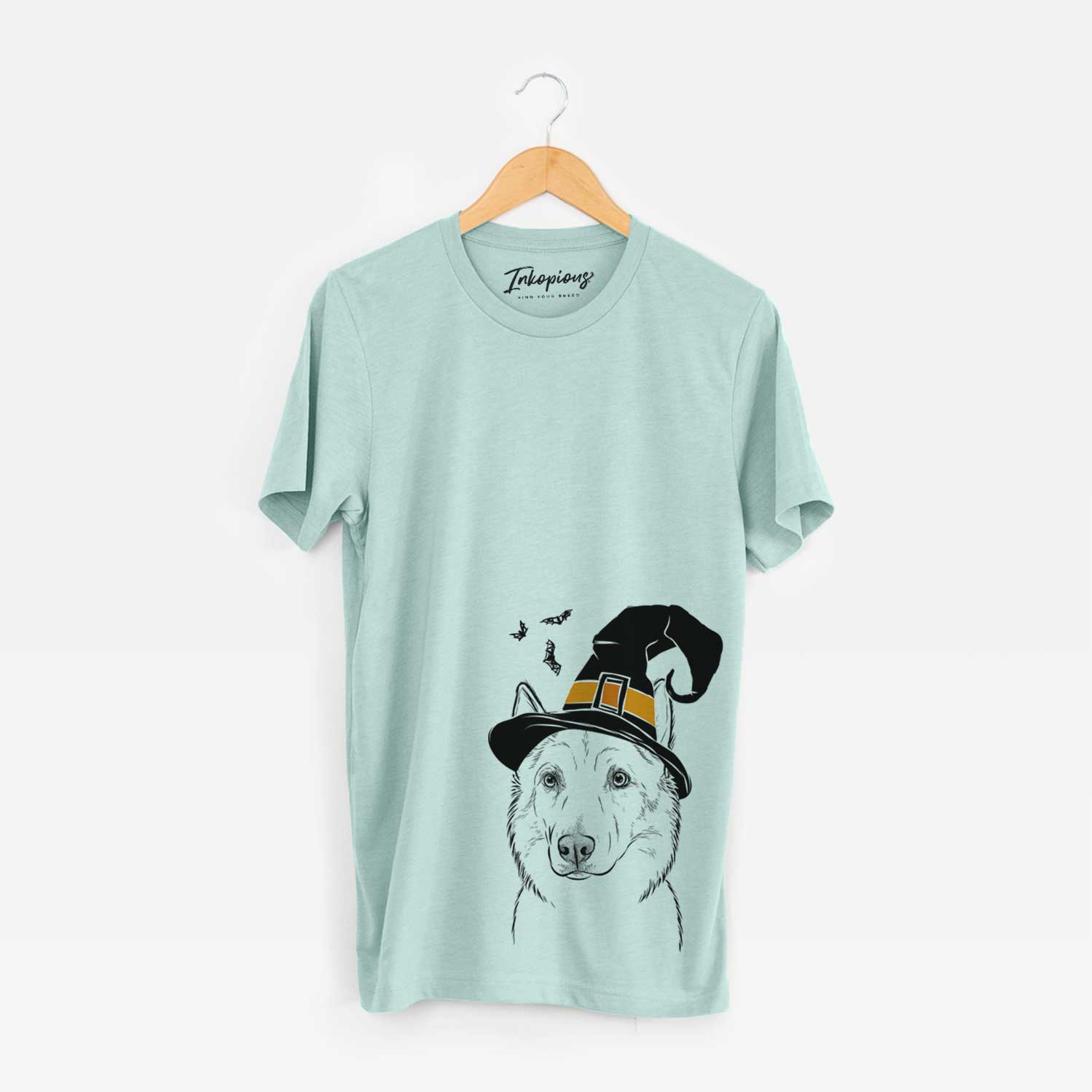 Hand-drawn sketch of Vox the Siberian Husky wearing a witch hat on a Heather Sage Unisex crewneck