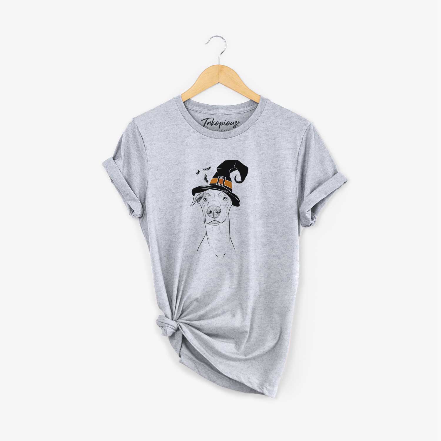 Hand-drawn sketch of Walter the White Doberman Rescue wearing a witch hat on a Grey Unisex crewneck