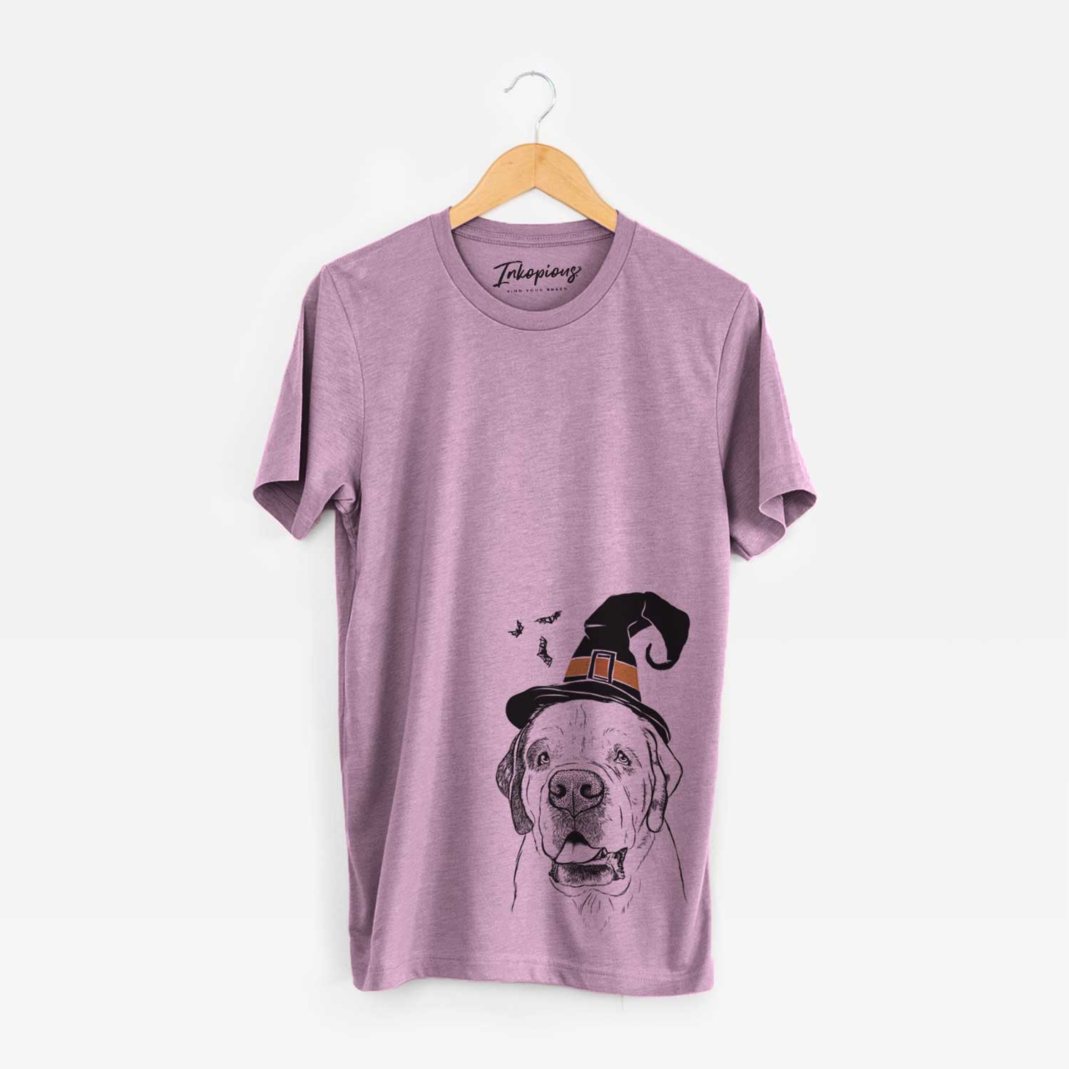 Hand-drawn sketch of Wendy the Saint Bernard wearing a witch hat on an Orchid Unisex crewneck