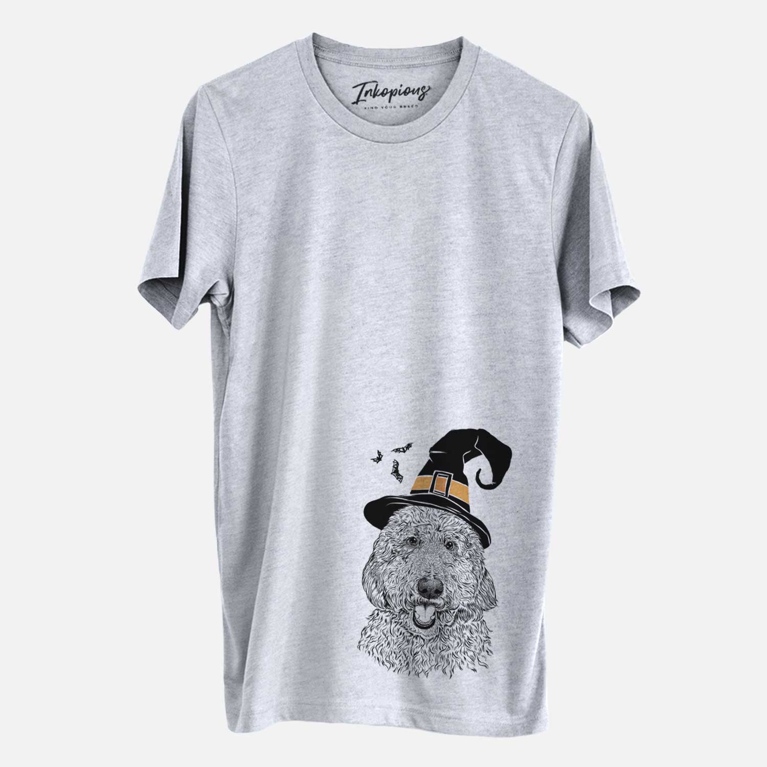 Hand-drawn sketch of Whisper the Goldendoodle wearing a witch hat on a Grey Unisex crewneck