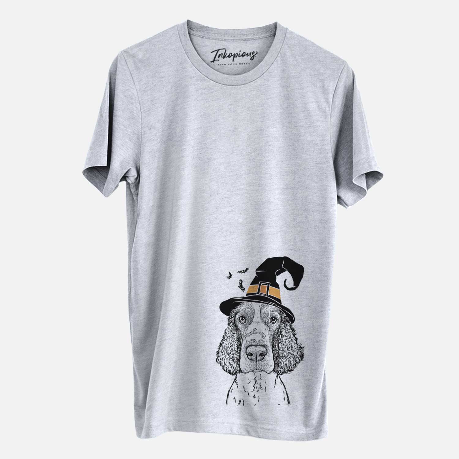 Hand-drawn sketch of Wilbur the English Springer Spaniel wearing a witch hat on a Grey Unisex crewneck