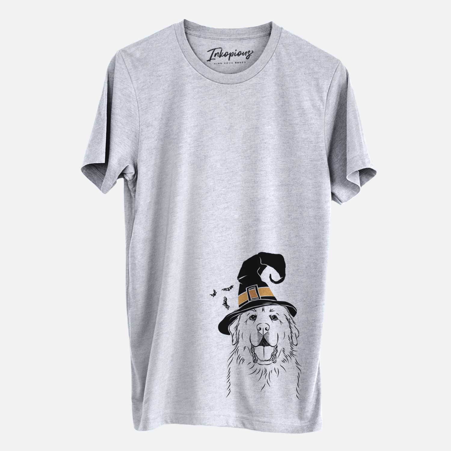 Hand-drawn sketch of Zeus the Great Pyrenees wearing a witch hat on a Grey Unisex crewneck
