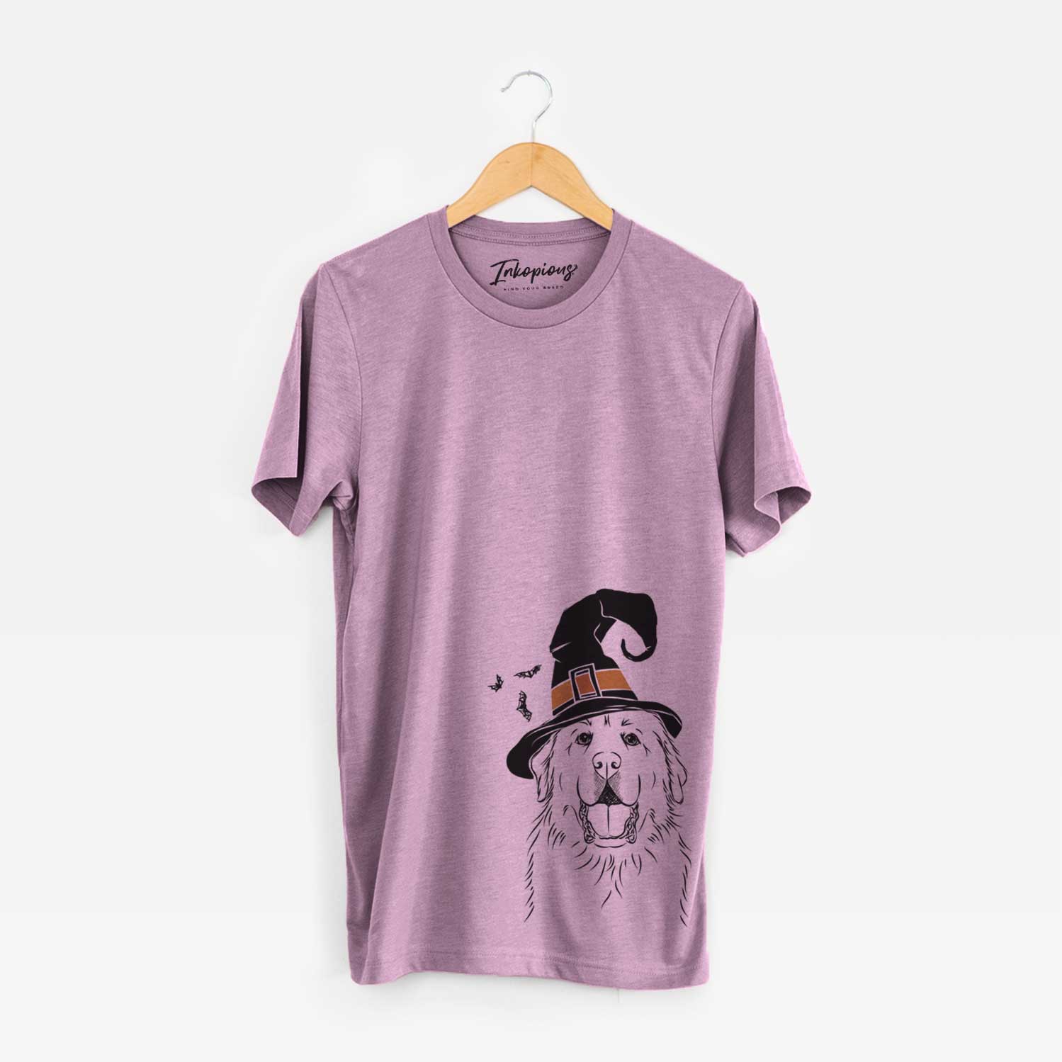 Hand-drawn sketch of Zeus the Great Pyrenees wearing a witch hat on an Orchid Unisex crewneck