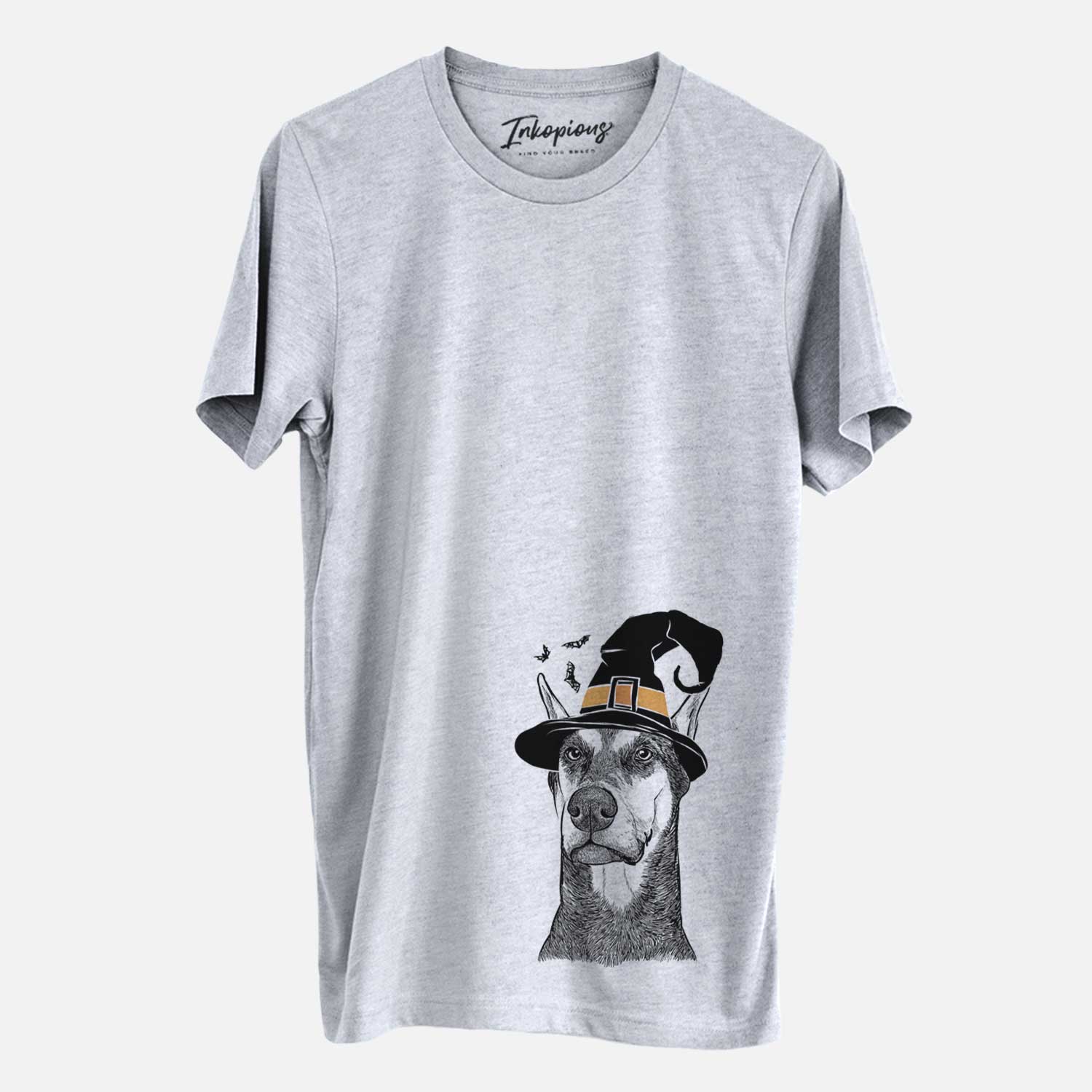 Hand-drawn sketch of Zeus the Doberman Pinscher wearing a witch hat on a Grey Unisex crewneck