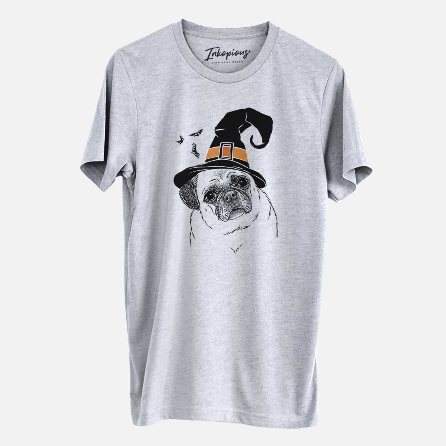 Hand-drawn sketch of Zoey the Pug wearing a witch hat on a Grey Unisex crewneck