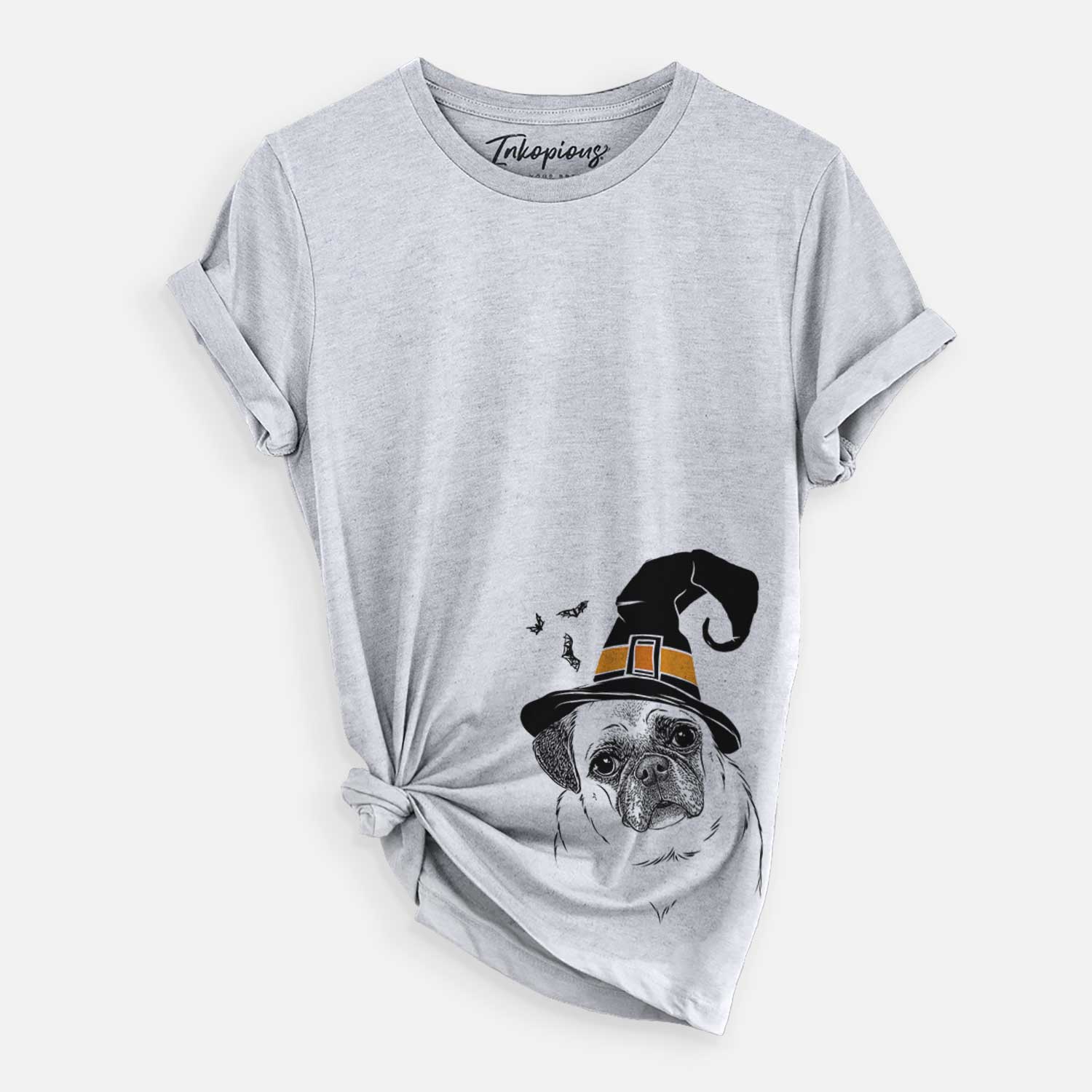 Hand-drawn sketch of Zoey the Pug wearing a witch hat on a Grey Unisex crewneck