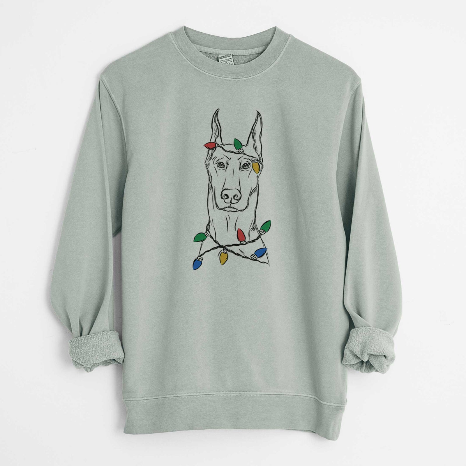 Christmas Lights Ace the Doberman Pinscher - Unisex Pigment Dyed Crew Sweatshirt