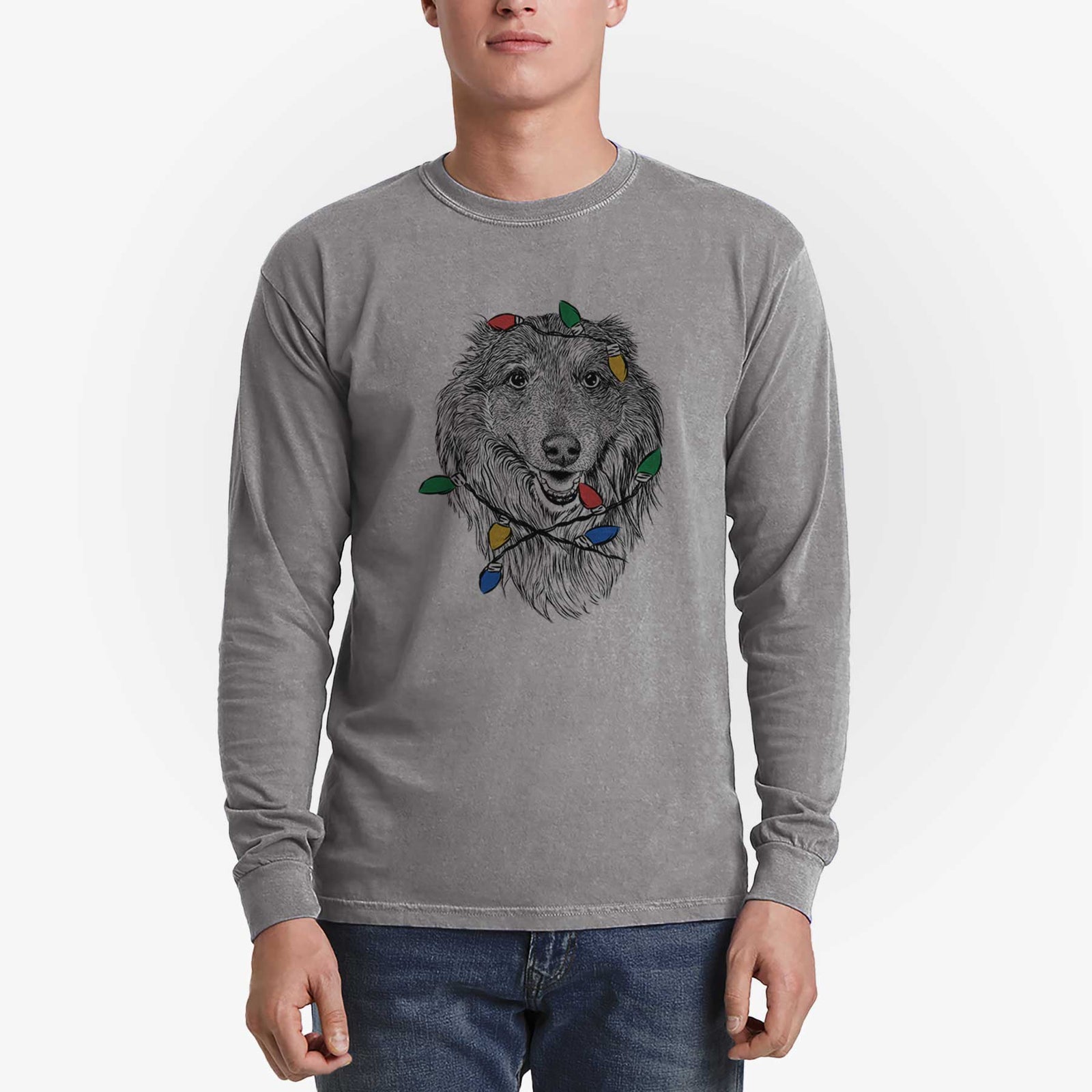 Christmas Lights Addie the Collie Mix - Heavyweight 100% Cotton Long Sleeve