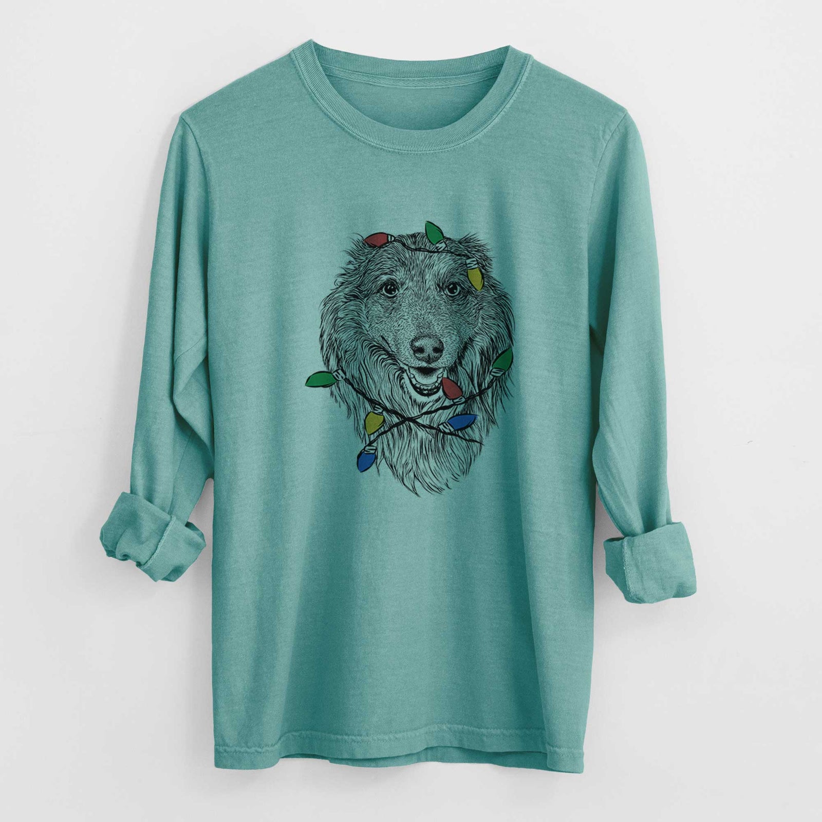 Christmas Lights Addie the Collie Mix - Heavyweight 100% Cotton Long Sleeve