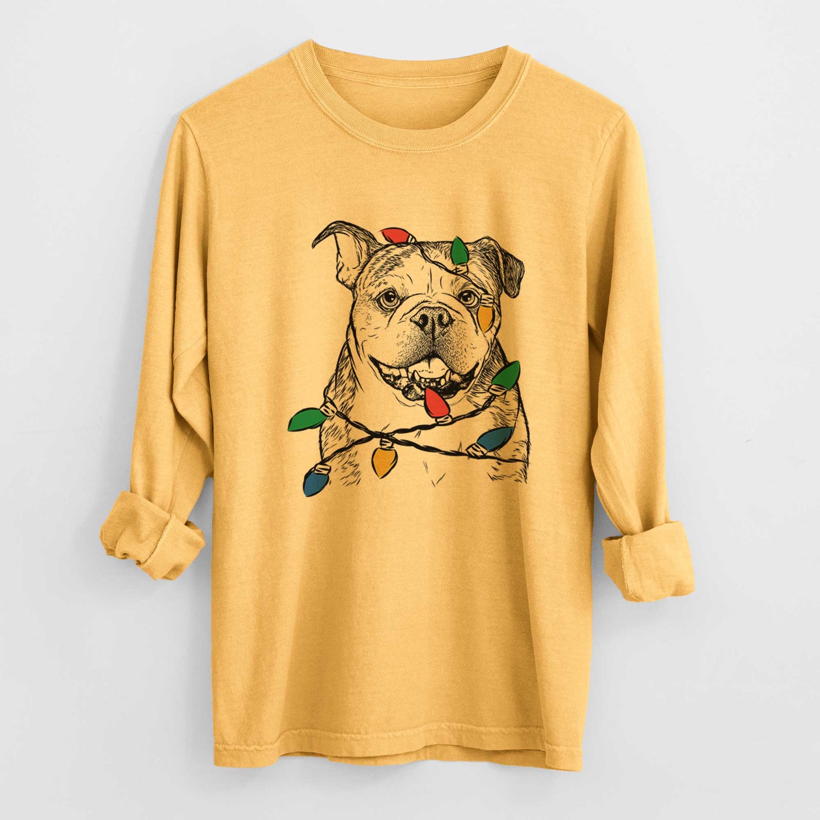 Christmas Lights Agatha the Boston Bulldog - Heavyweight 100% Cotton Long Sleeve