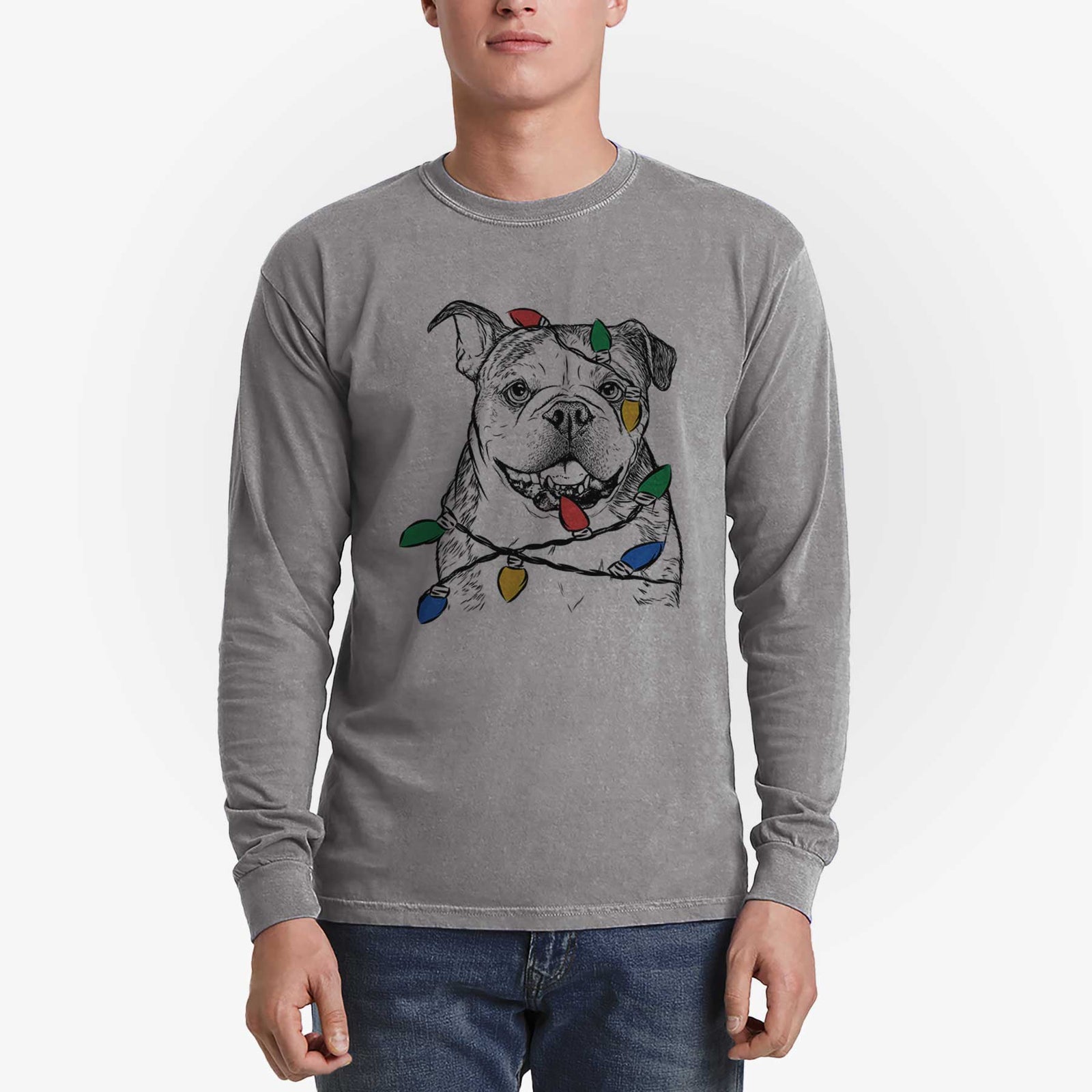 Christmas Lights Agatha the Boston Bulldog - Heavyweight 100% Cotton Long Sleeve