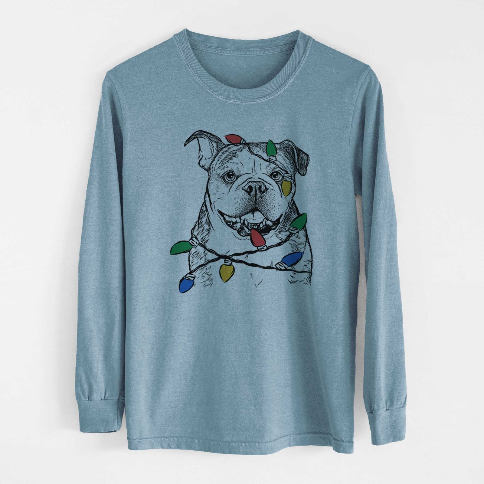 Christmas Lights Agatha the Boston Bulldog - Heavyweight 100% Cotton Long Sleeve