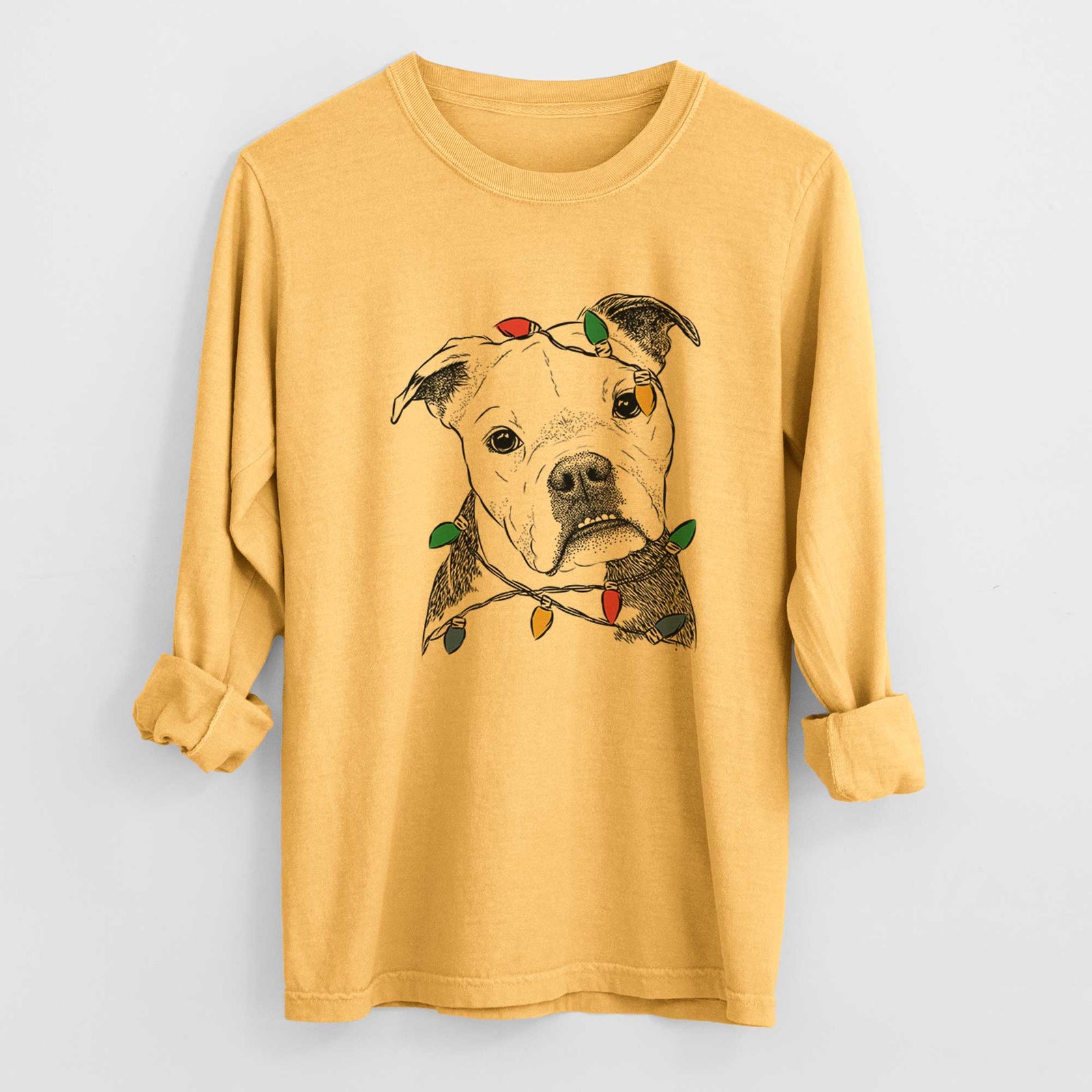 Christmas Lights Aggy the Olde English Bulldogge - Heavyweight 100% Cotton Long Sleeve
