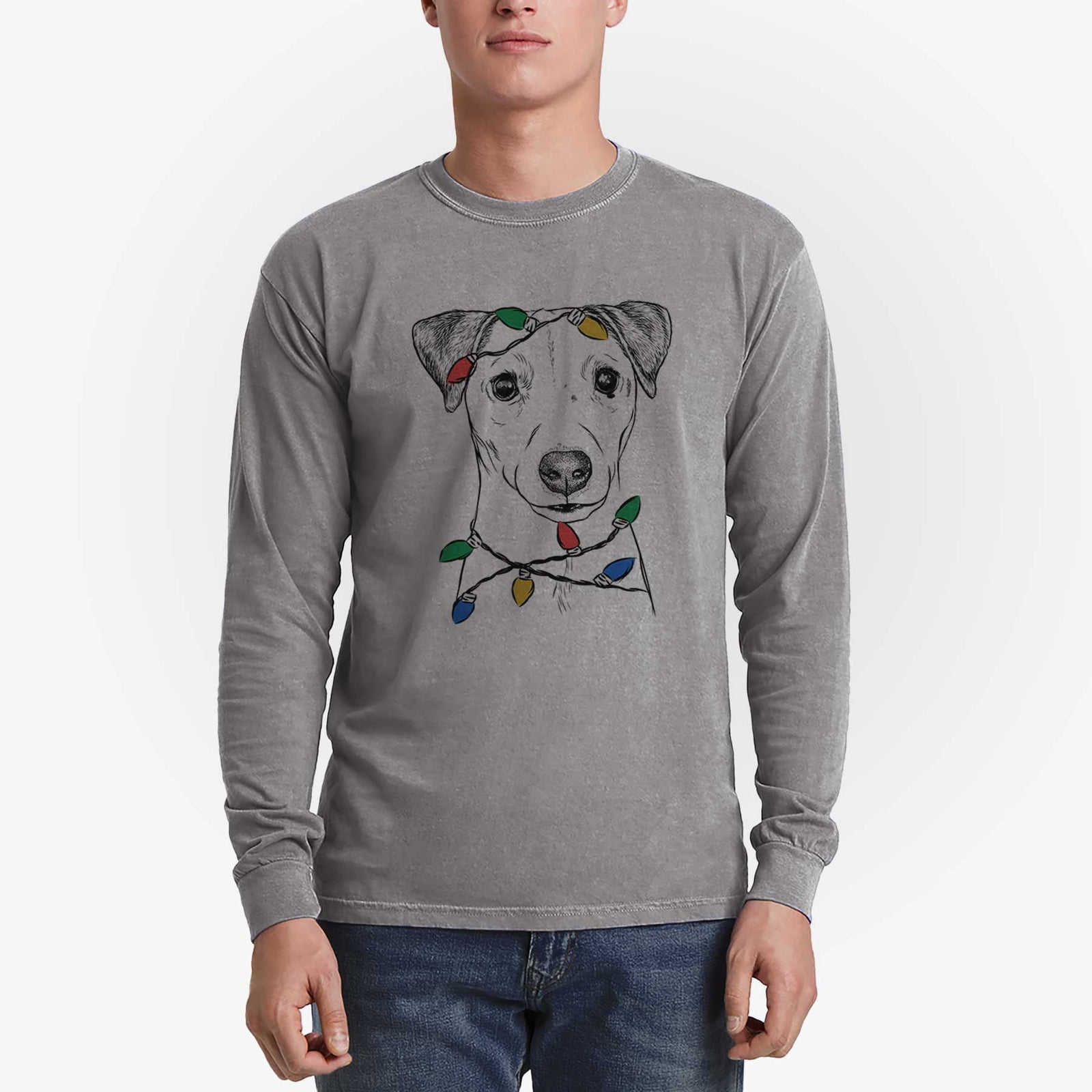 Christmas Lights Ally the Jack Russell Terrier - Heavyweight 100% Cotton Long Sleeve