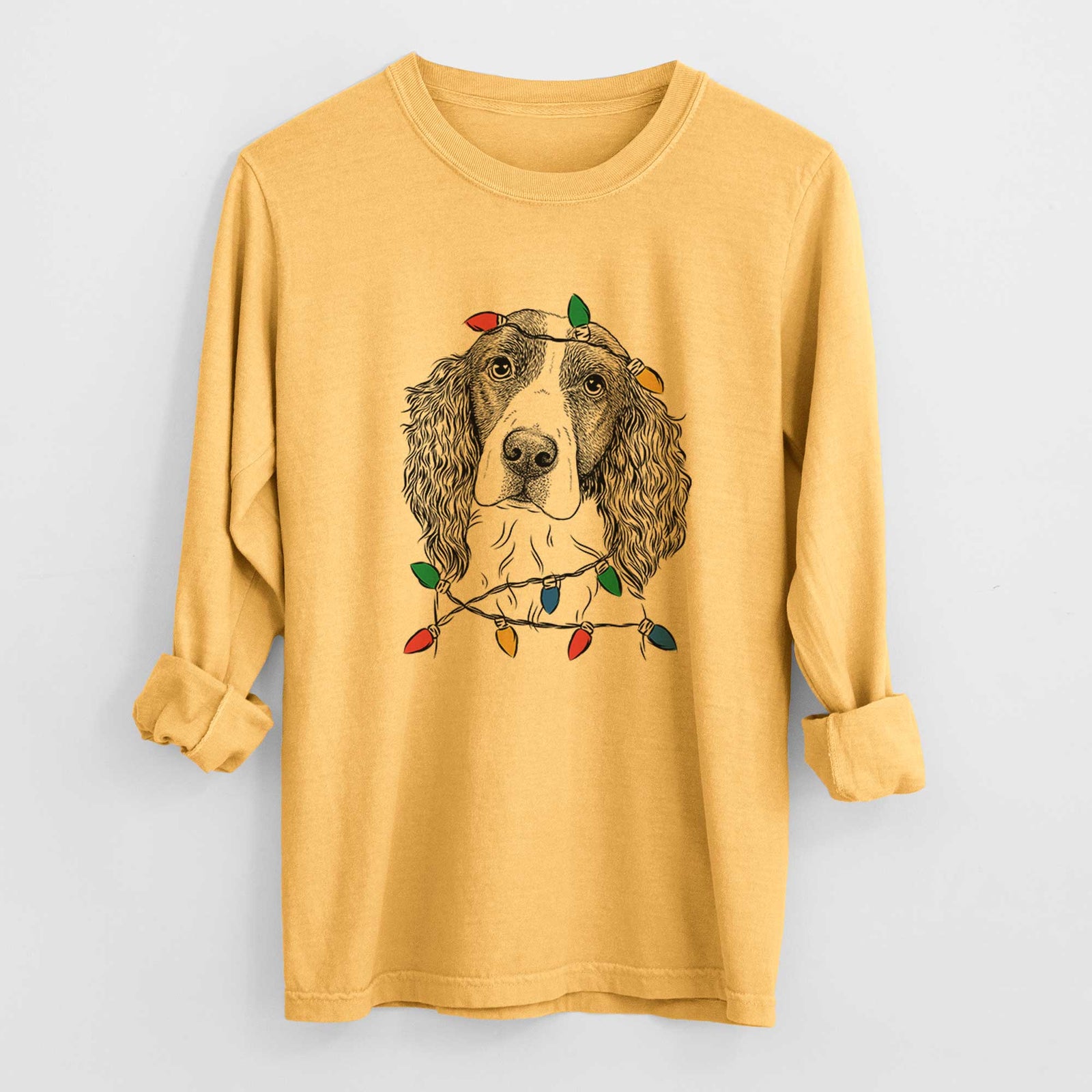 Christmas Lights Annie the English Springer Spaniel - Heavyweight 100% Cotton Long Sleeve