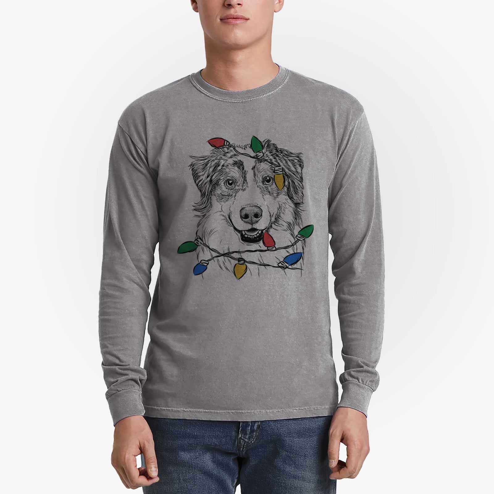 Christmas Lights Aonghus the Australian Shepherd - Heavyweight 100% Cotton Long Sleeve