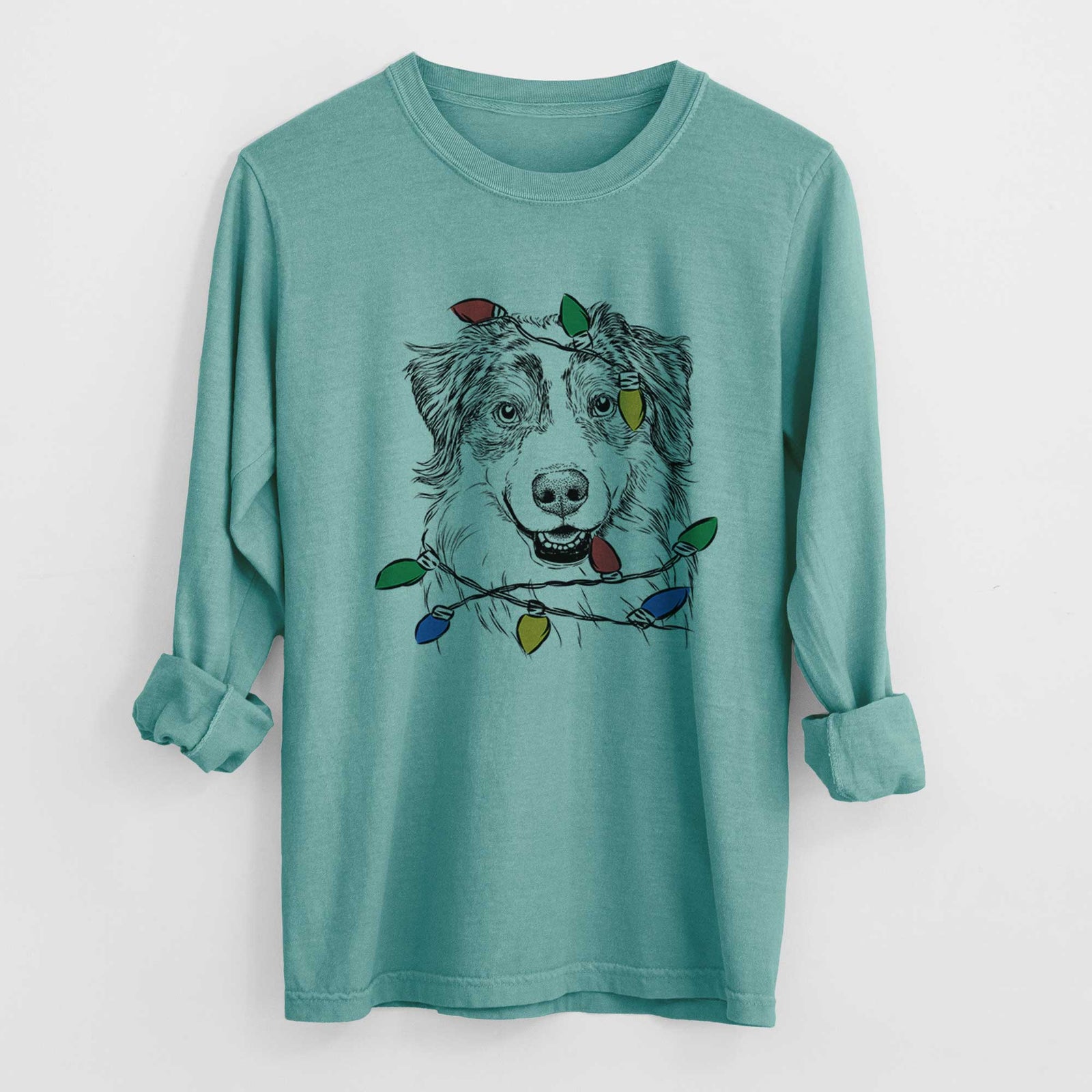 Christmas Lights Aonghus the Australian Shepherd - Heavyweight 100% Cotton Long Sleeve
