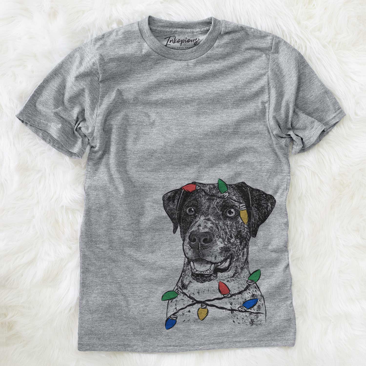 Hand-drawn sketch of Argos the Catahoula wrapped in Christmas lights on a Grey Unisex crewneck