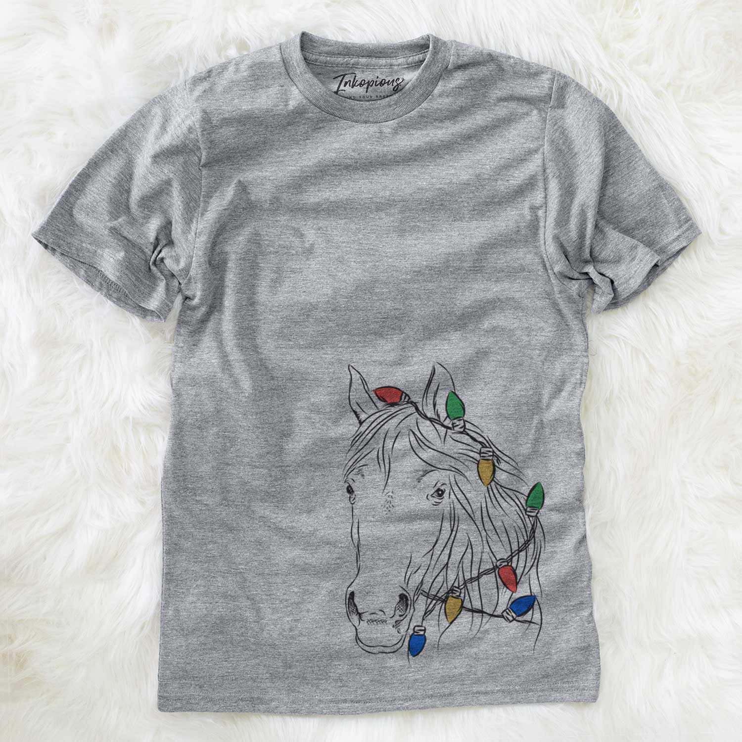 Hand-drawn sketch of Aria the Horse wrapped in Christmas lights on a Grey Unisex crewneck