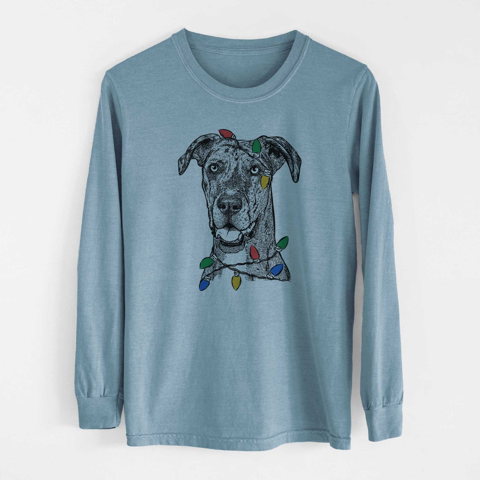 Christmas Lights Athena the Merle Great Dane - Heavyweight 100% Cotton Long Sleeve