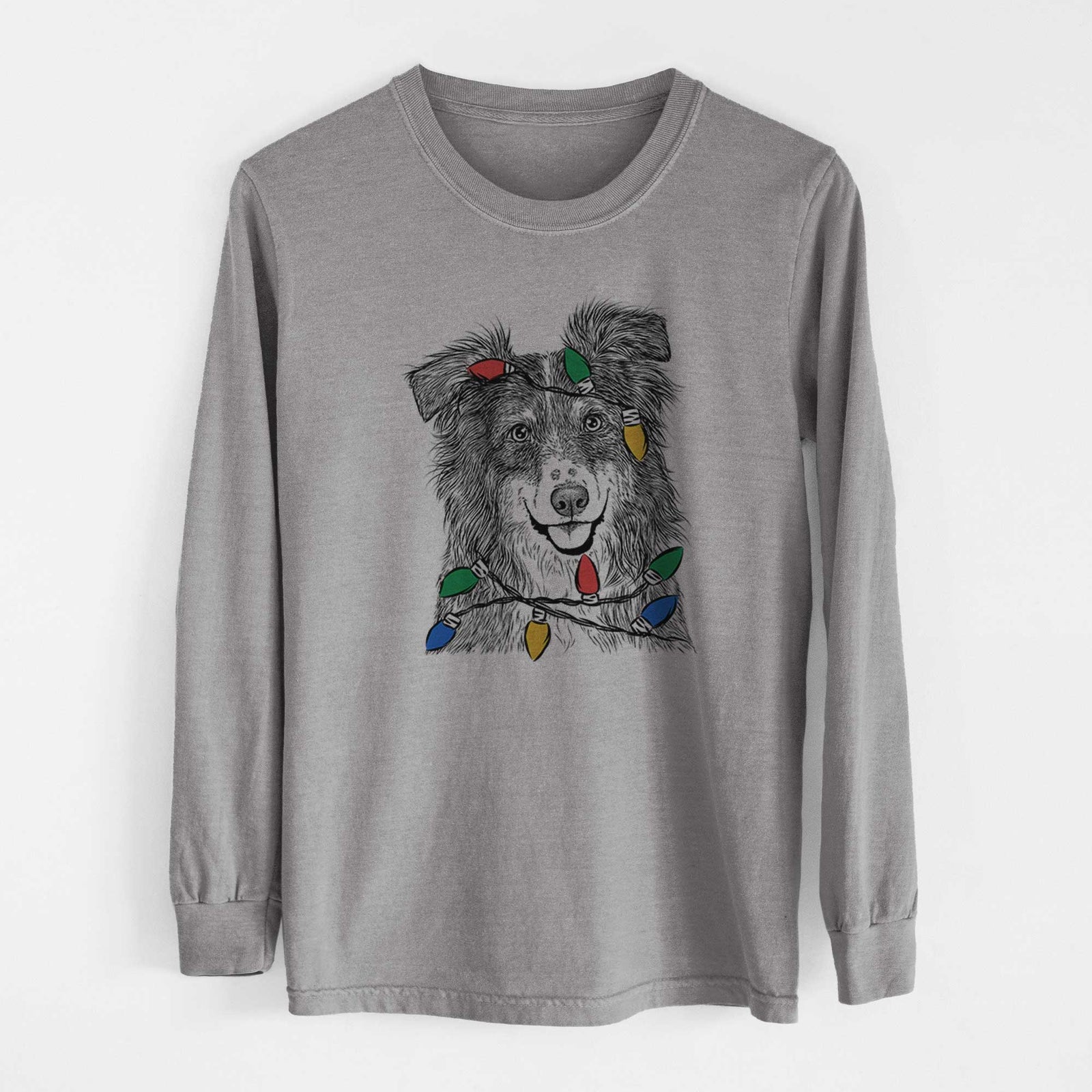 Christmas Lights Aushe the Australian Shepherd - Heavyweight 100% Cotton Long Sleeve