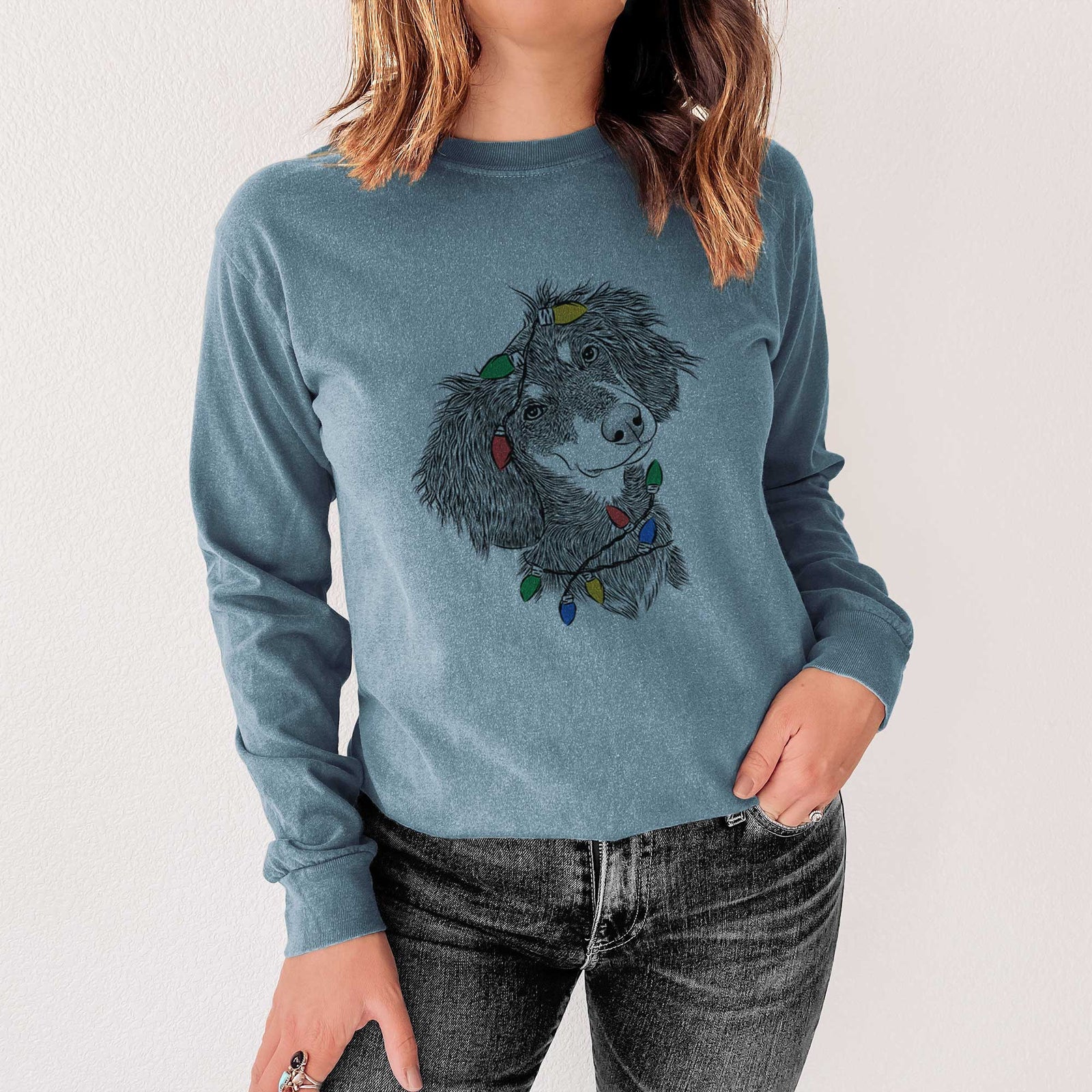 Christmas Lights Bailey the Long Haired Dachshund - Heavyweight 100% Cotton Long Sleeve