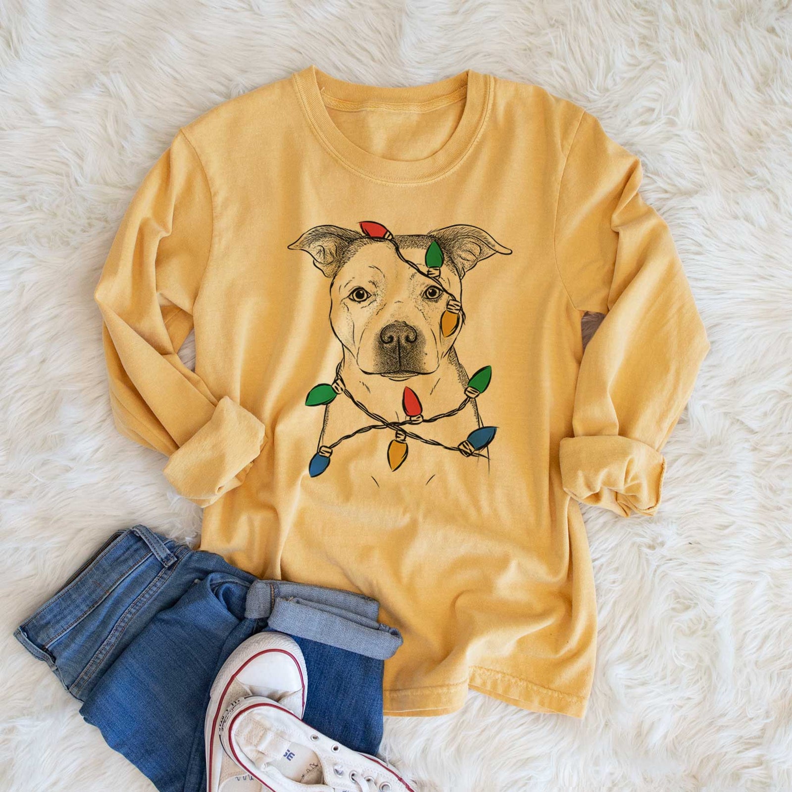 Christmas Lights Bailey the Pitbull - Heavyweight 100% Cotton Long Sleeve
