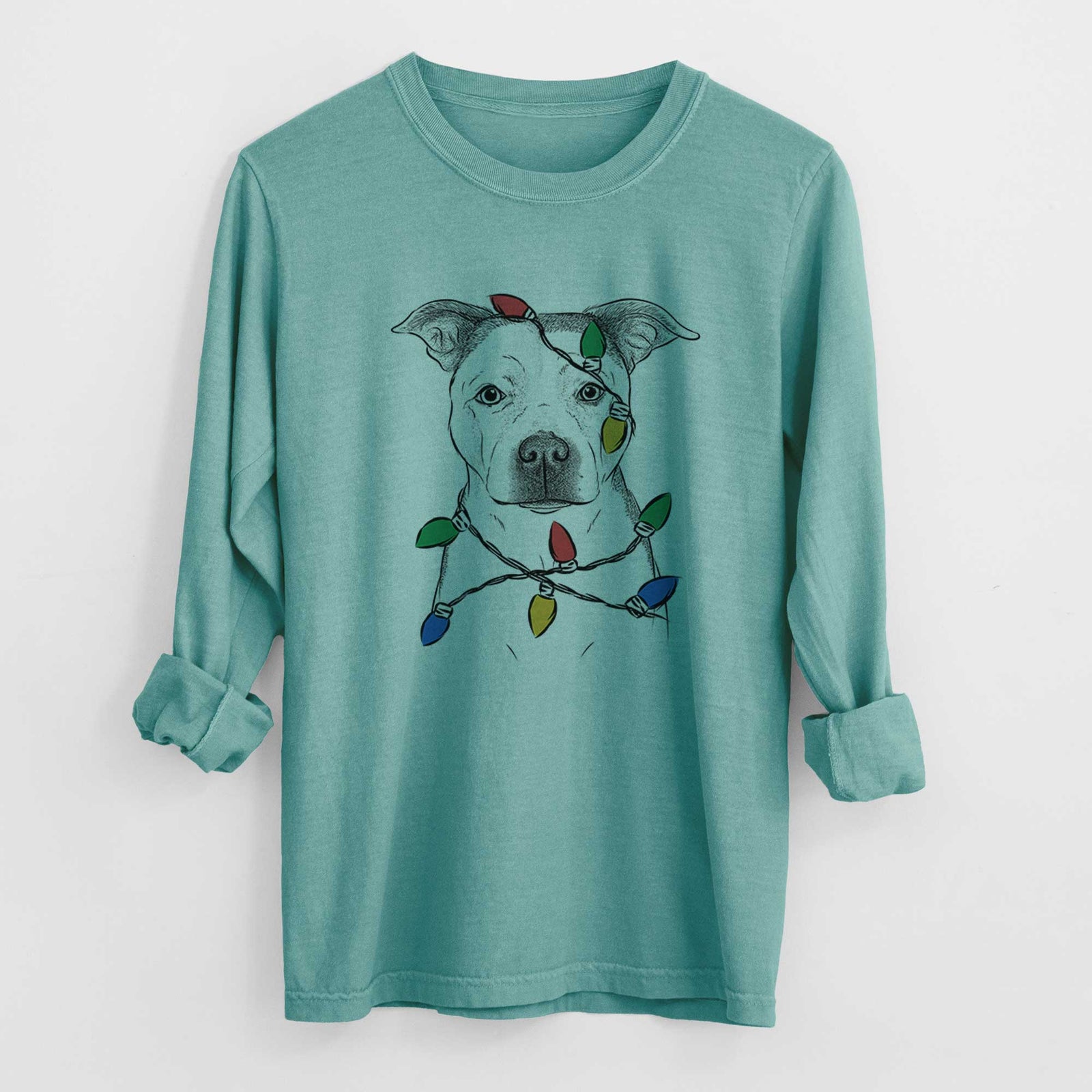 Christmas Lights Bailey the Pitbull - Heavyweight 100% Cotton Long Sleeve