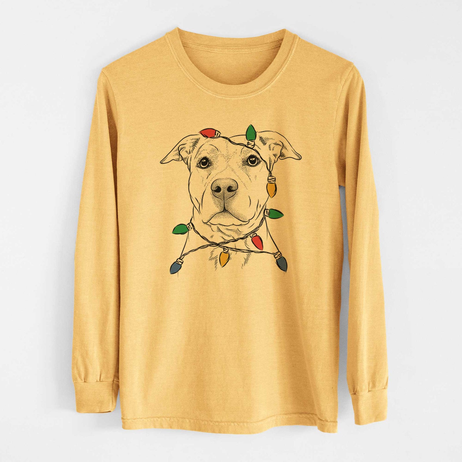 Christmas Lights Bailey the American Staffordshire Terrier - Heavyweight 100% Cotton Long Sleeve