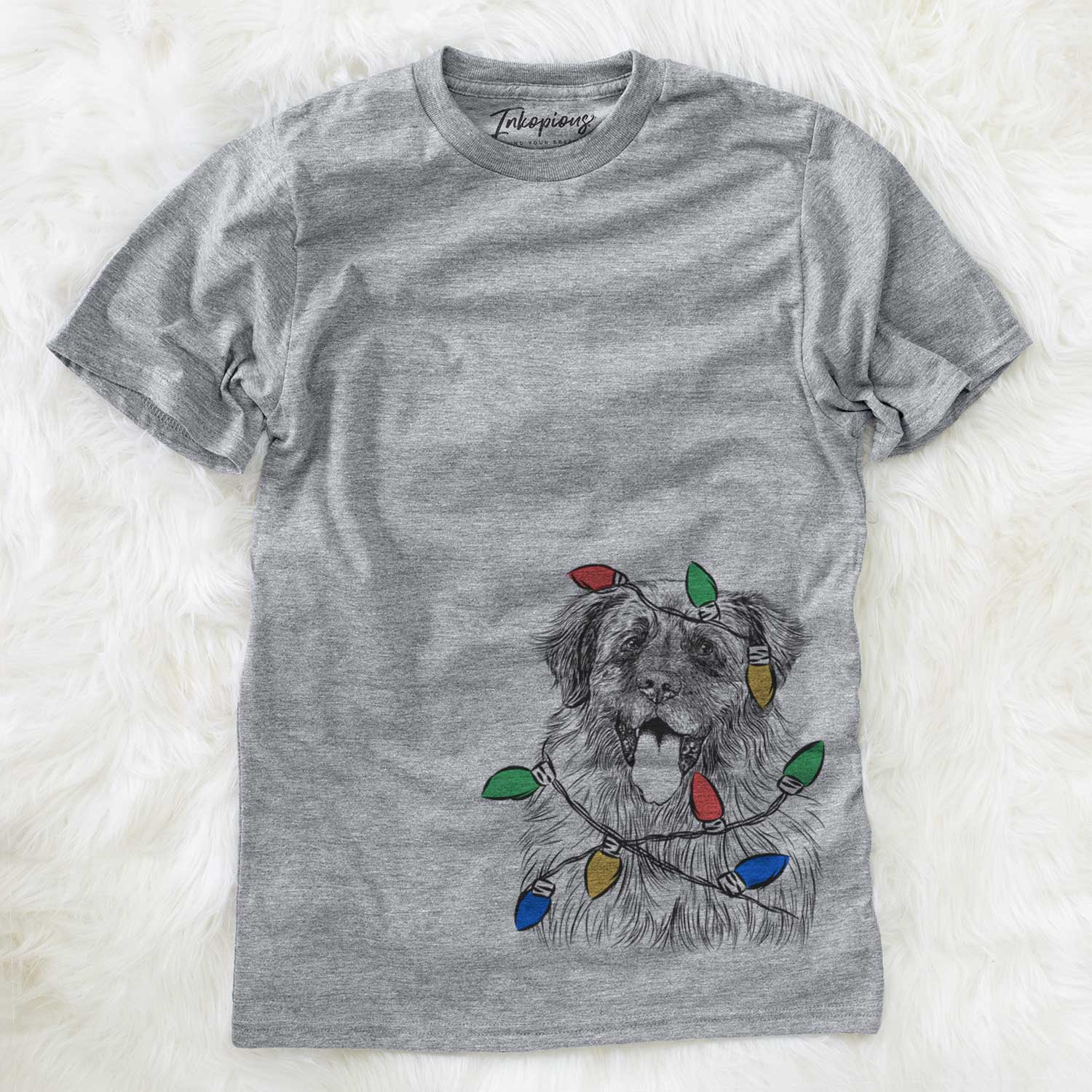 Hand-drawn sketch of Bamboo the Leonberger wrapped in Christmas lights on a Grey Unisex crewneck