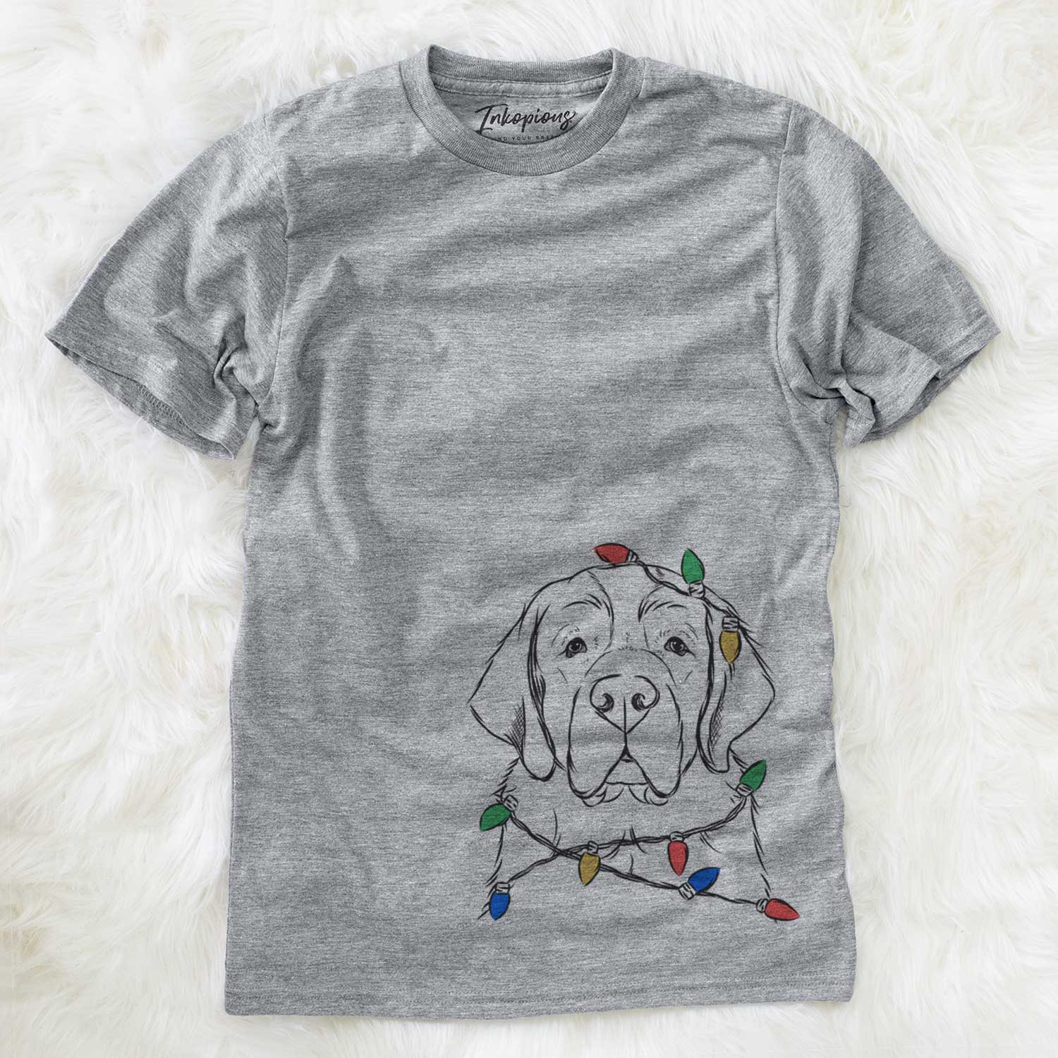 Hand-drawn sketch of Barry the Saint Bernard wrapped in Christmas lights on a Grey Unisex crewneck