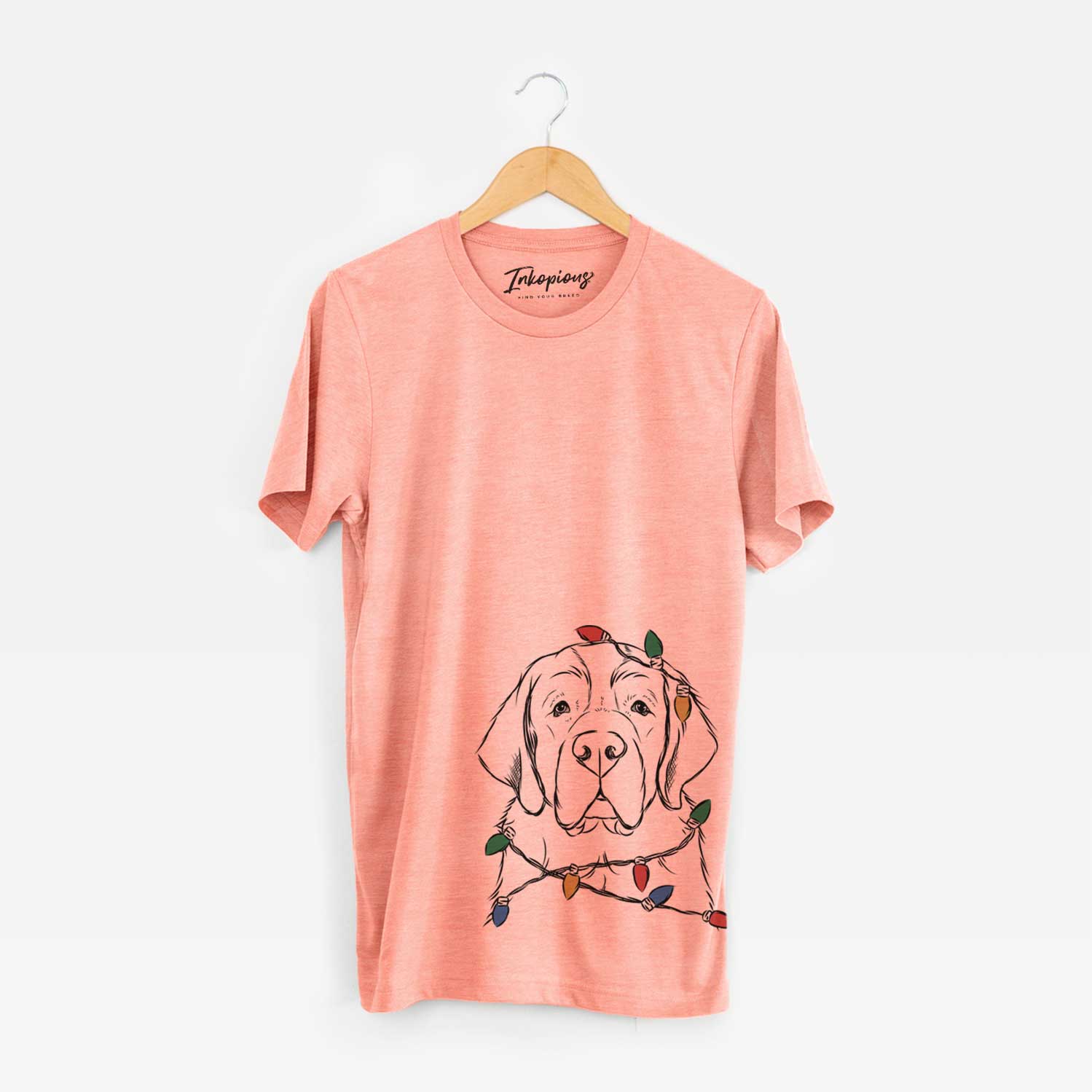 Hand-drawn sketch of Barry the Saint Bernard wrapped in Christmas lights on a Sunset Unisex crewneck