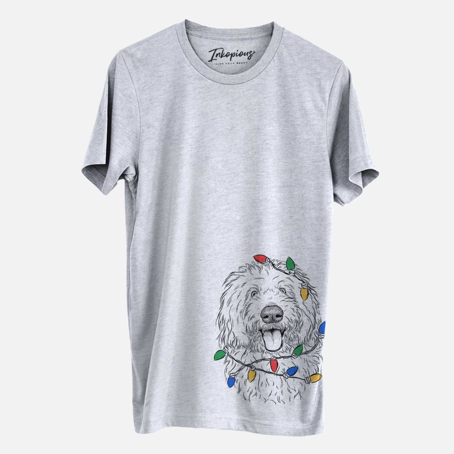 Hand-drawn sketch of Barry the Old English Sheepdog wrapped in Christmas lights on a Grey Unisex crewneck