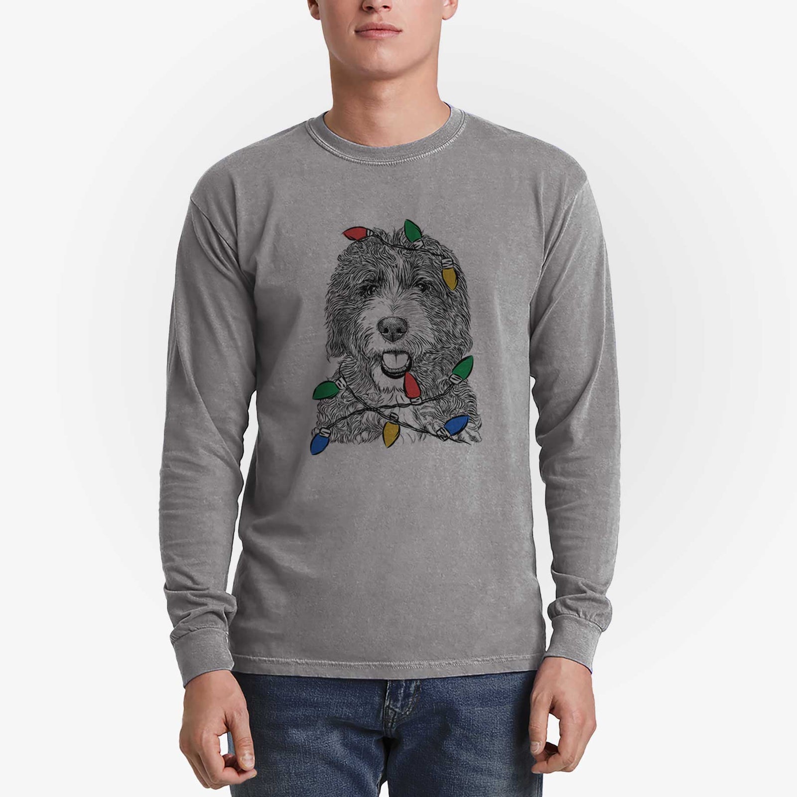 Christmas Lights Bash the Bernedoodle - Heavyweight 100% Cotton Long Sleeve