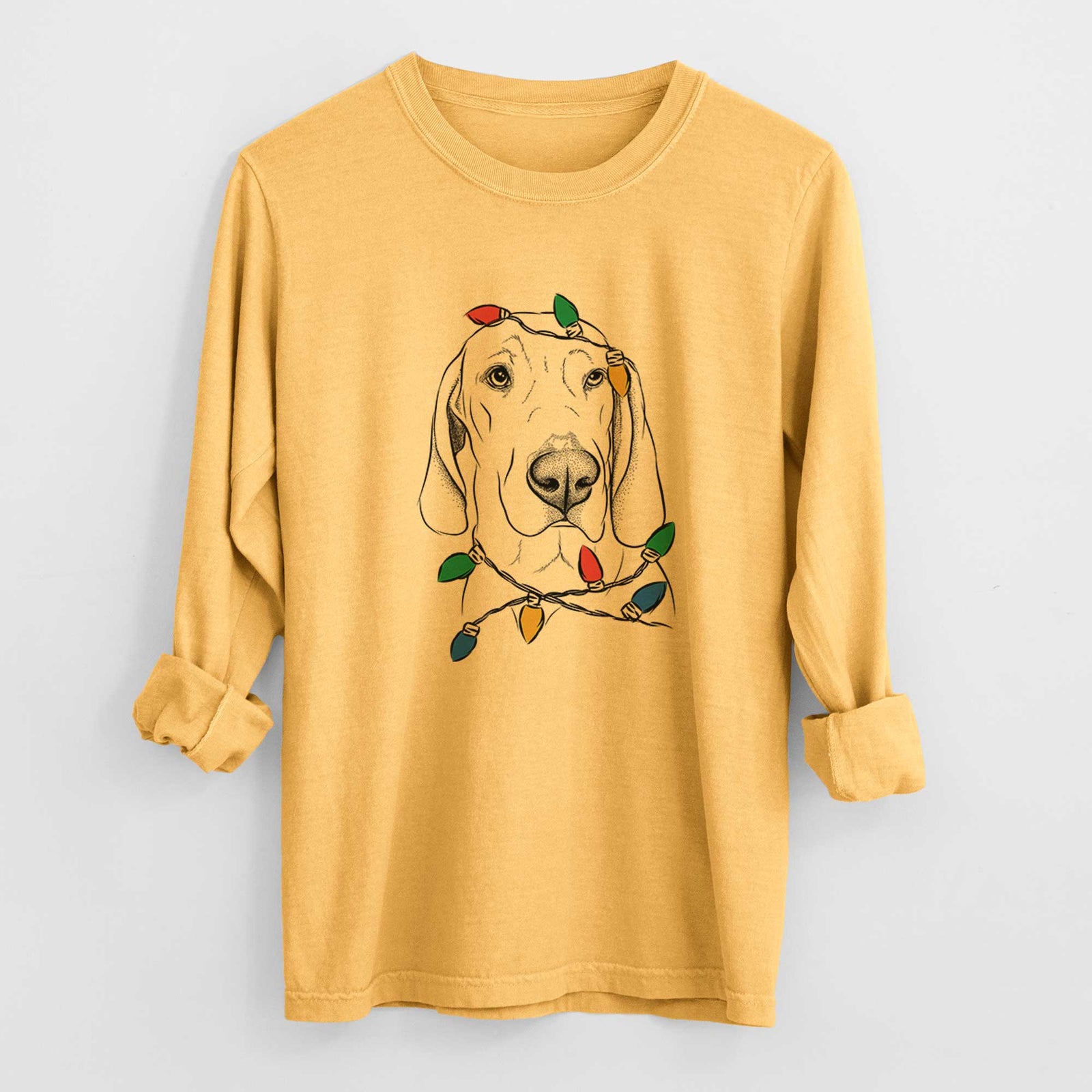 Christmas Lights Beauregard the American Redbone Coonhound - Heavyweight 100% Cotton Long Sleeve