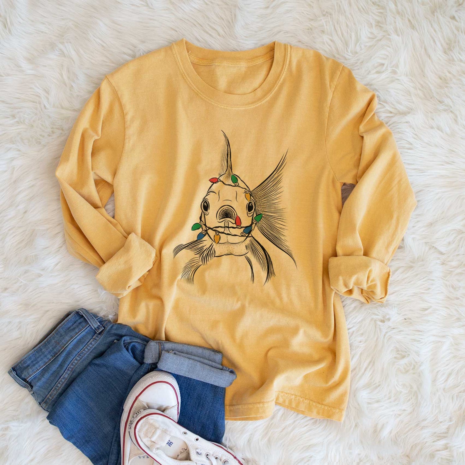 Christmas Lights Beefcake the Goldfish - Heavyweight 100% Cotton Long Sleeve